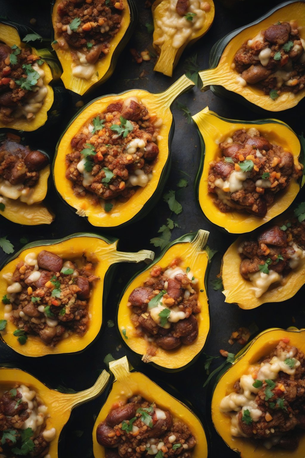 A high-resolution close-up photo of sausage stuffed roasted acorn squash halves, overflowing with filling under soft lighting.