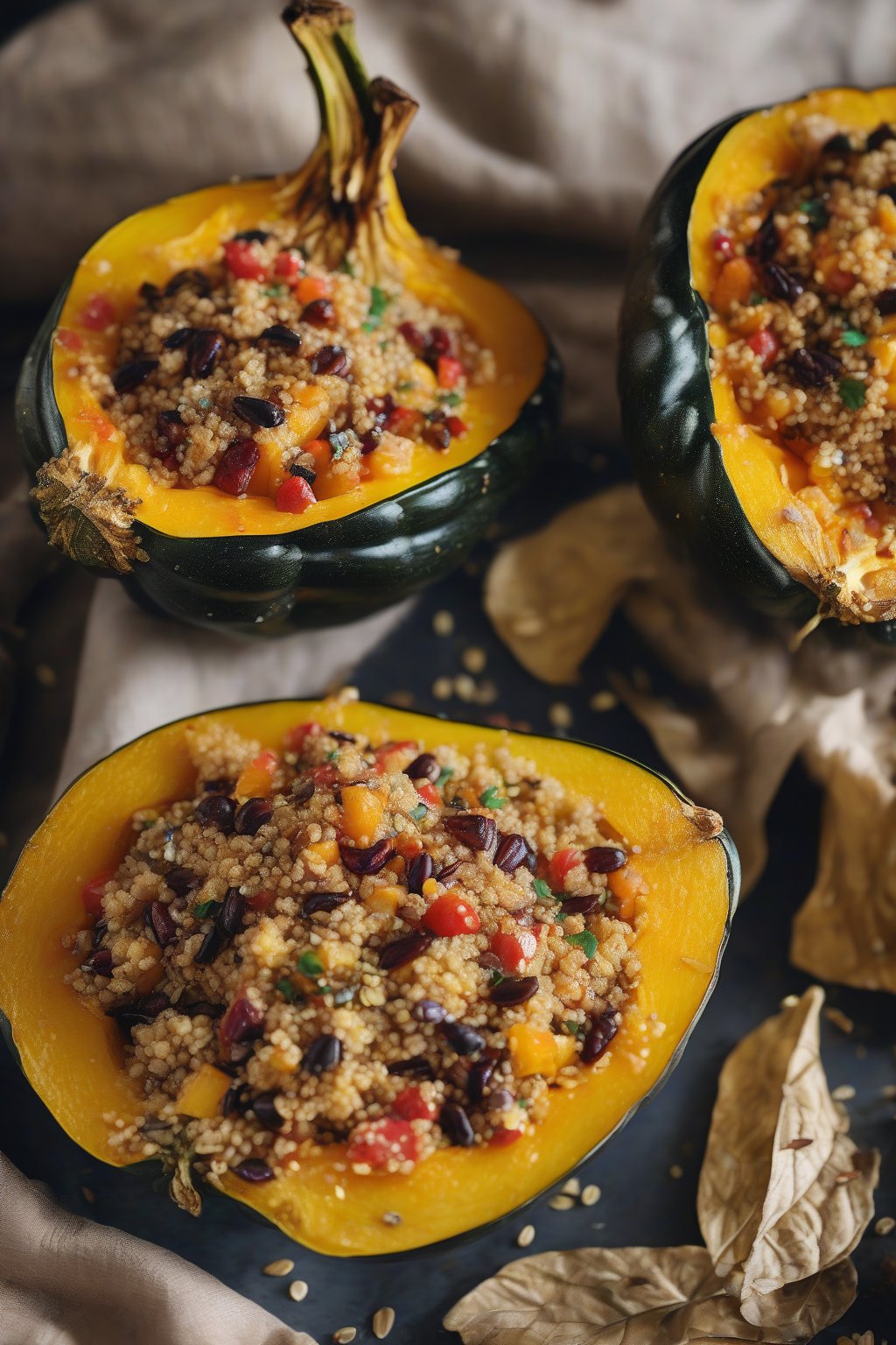 A high-resolution close-up photo of quinoa stuffed roasted acorn squash, colorful filling and seeds visible under soft lighting.