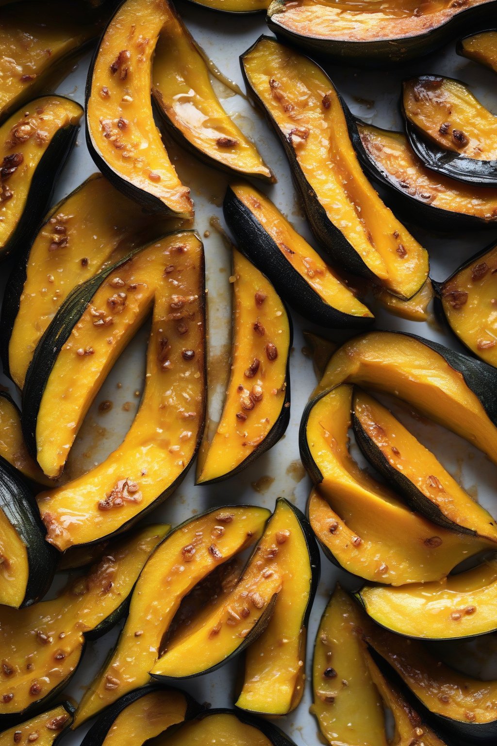 A high-resolution close-up photo of honey butter roasted acorn squash wedges, glossy and dripping under soft lighting.