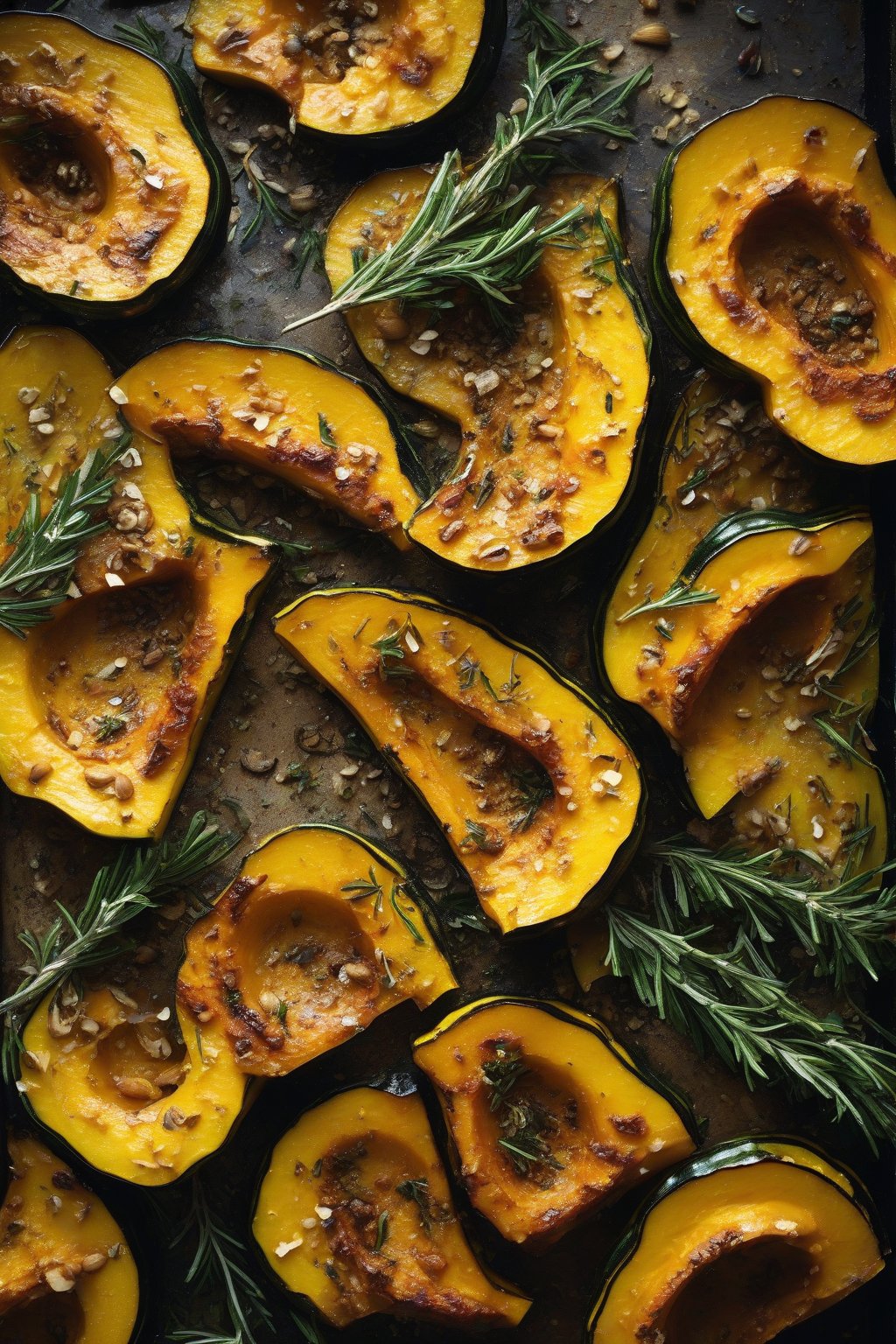 A high-resolution close-up photo of rosemary thyme roasted acorn squash slices, herbs scattered atop under soft lighting.