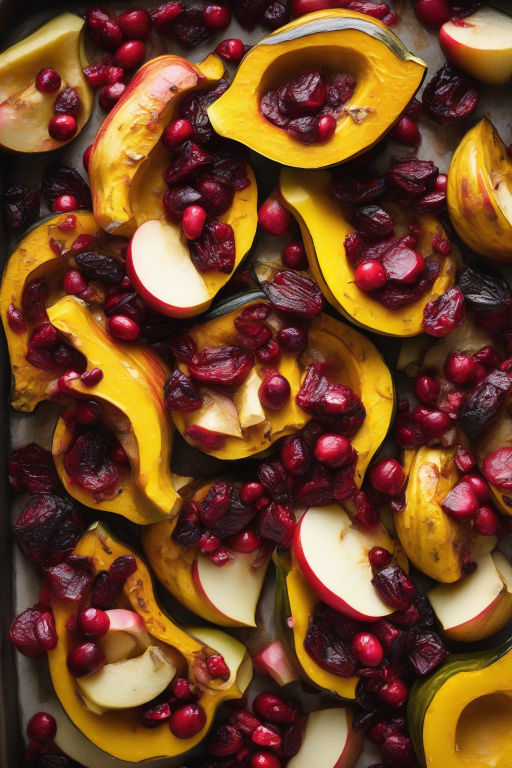 A high-resolution close-up photo of apple cranberry roasted acorn squash medley, ruby reds and golden bites under soft lighting.