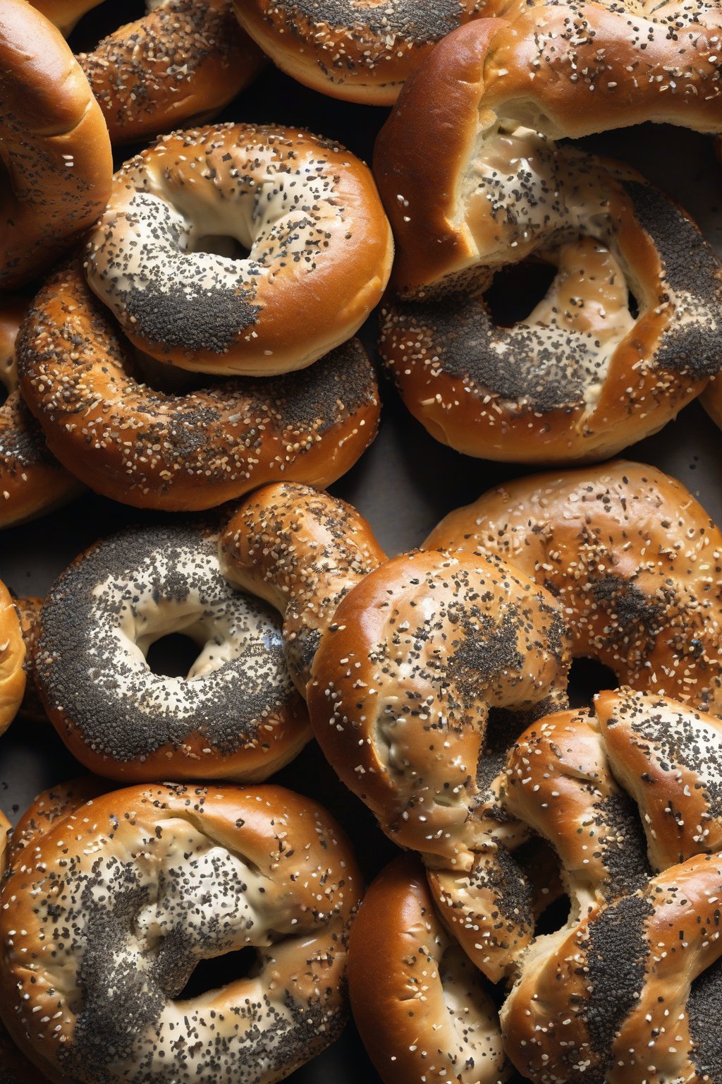 A high-resolution photo of poppy seed bagels with shiny exteriors and speckled tops under soft lighting.