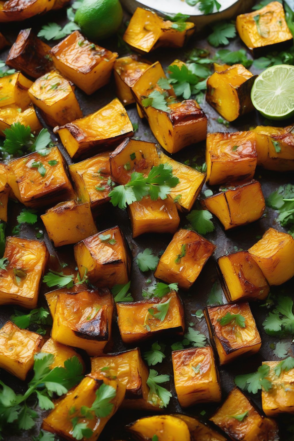 A high-resolution close-up photo of chili lime roasted acorn squash cubes, zesty garnished with cilantro under soft lighting.