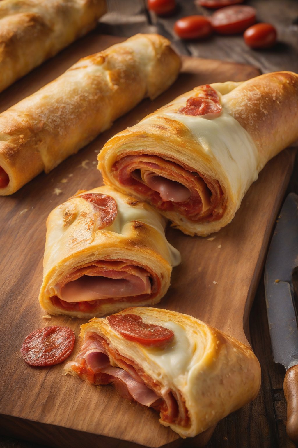 A high-resolution photo of sliced pepperoni paradise rolled stromboli on a wooden board, golden crust with melted cheese oozing, under soft lighting.