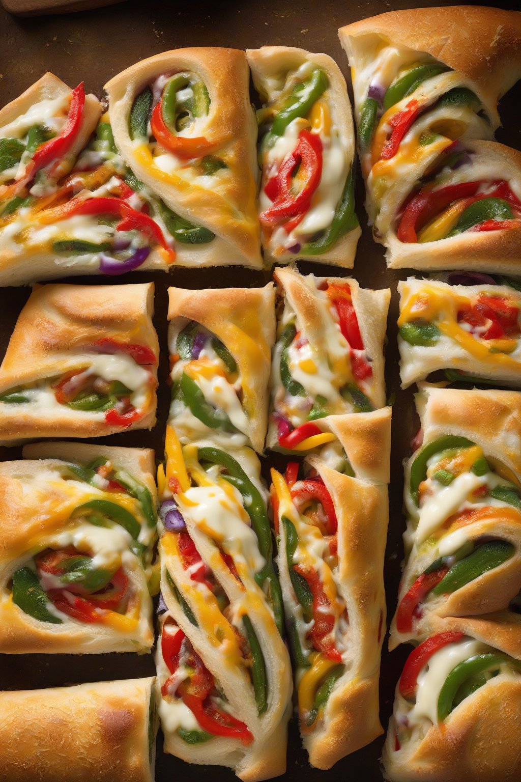 A high-resolution photo of colorful veggie supreme rolled stromboli slices fanned out, vibrant peppers and melted cheese visible, under soft lighting.