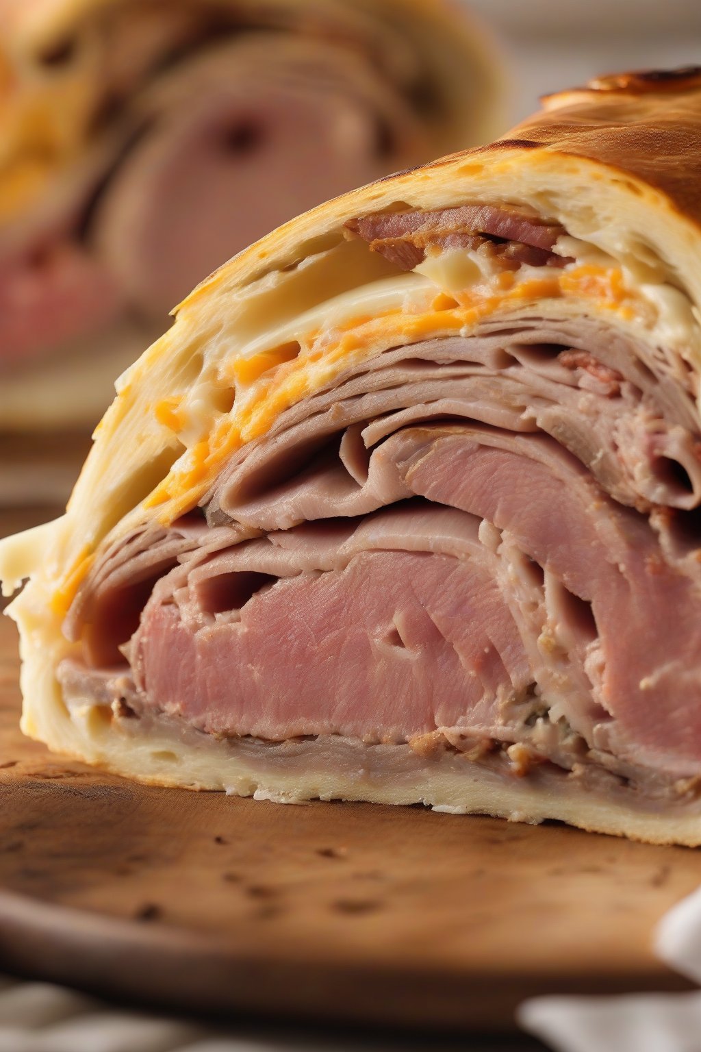 A high-resolution photo of meat lovers rolled stromboli cross-section showing layers of sausage, ham, and cheese, crispy exterior, under soft lighting.