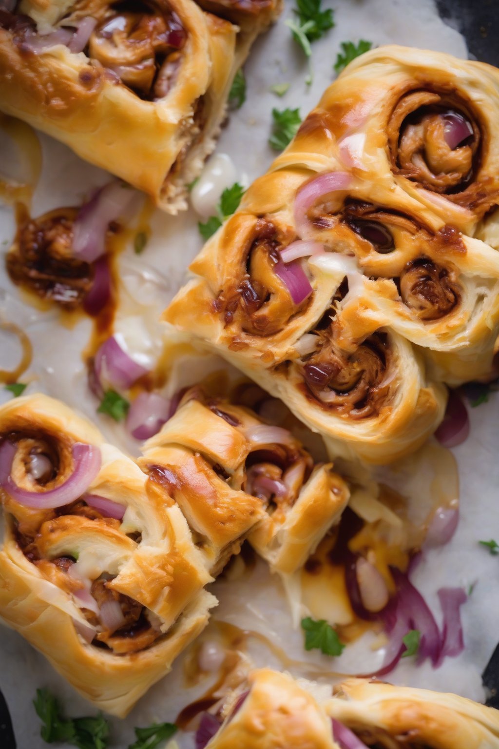 A high-resolution photo of BBQ chicken rolled stromboli pinwheels with tangy sauce drips and melted gouda, garnished with onions, under soft lighting.