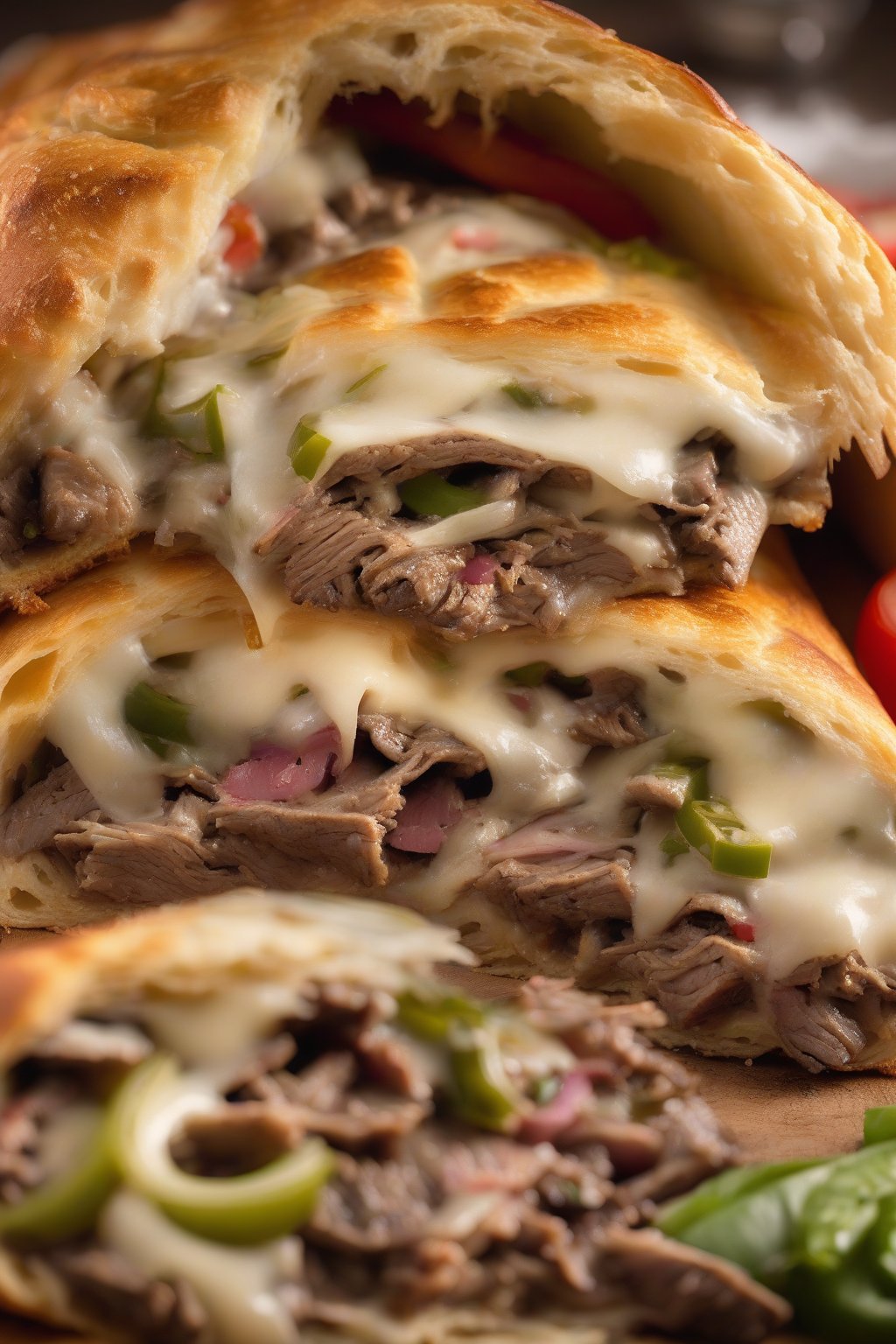 A high-resolution photo of Philly cheesesteak rolled stromboli slice revealing steak strips, peppers, onions, and provolone, under soft lighting.