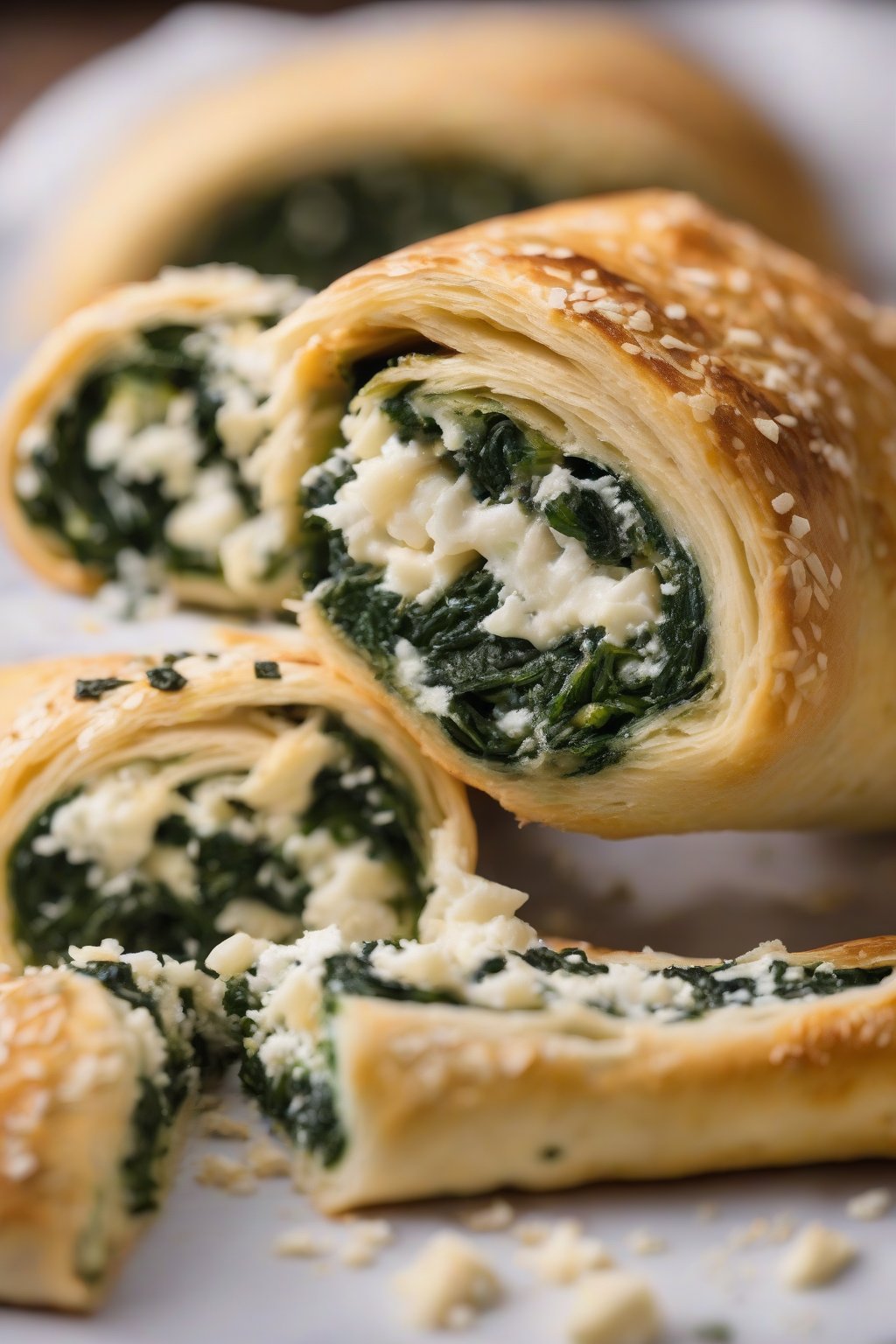 A high-resolution photo of spinach feta rolled stromboli with green flecks and crumbly cheese in the golden slices, under soft lighting.