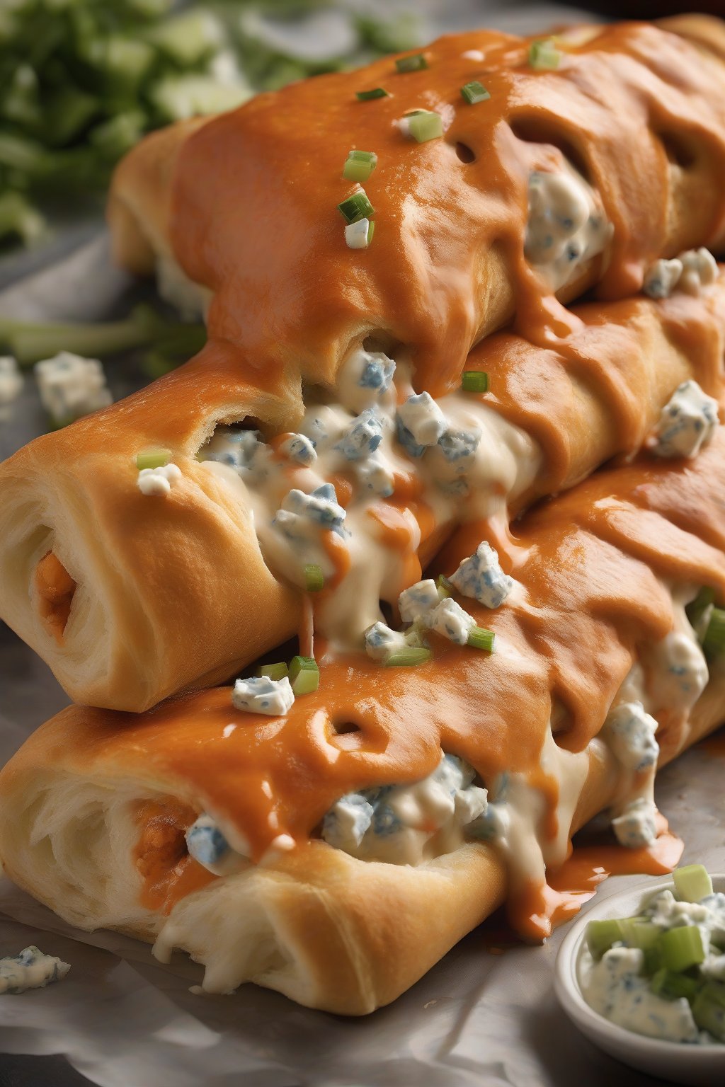 A high-resolution photo of buffalo chicken rolled stromboli oozing sauce and blue cheese, with celery accents, under soft lighting.