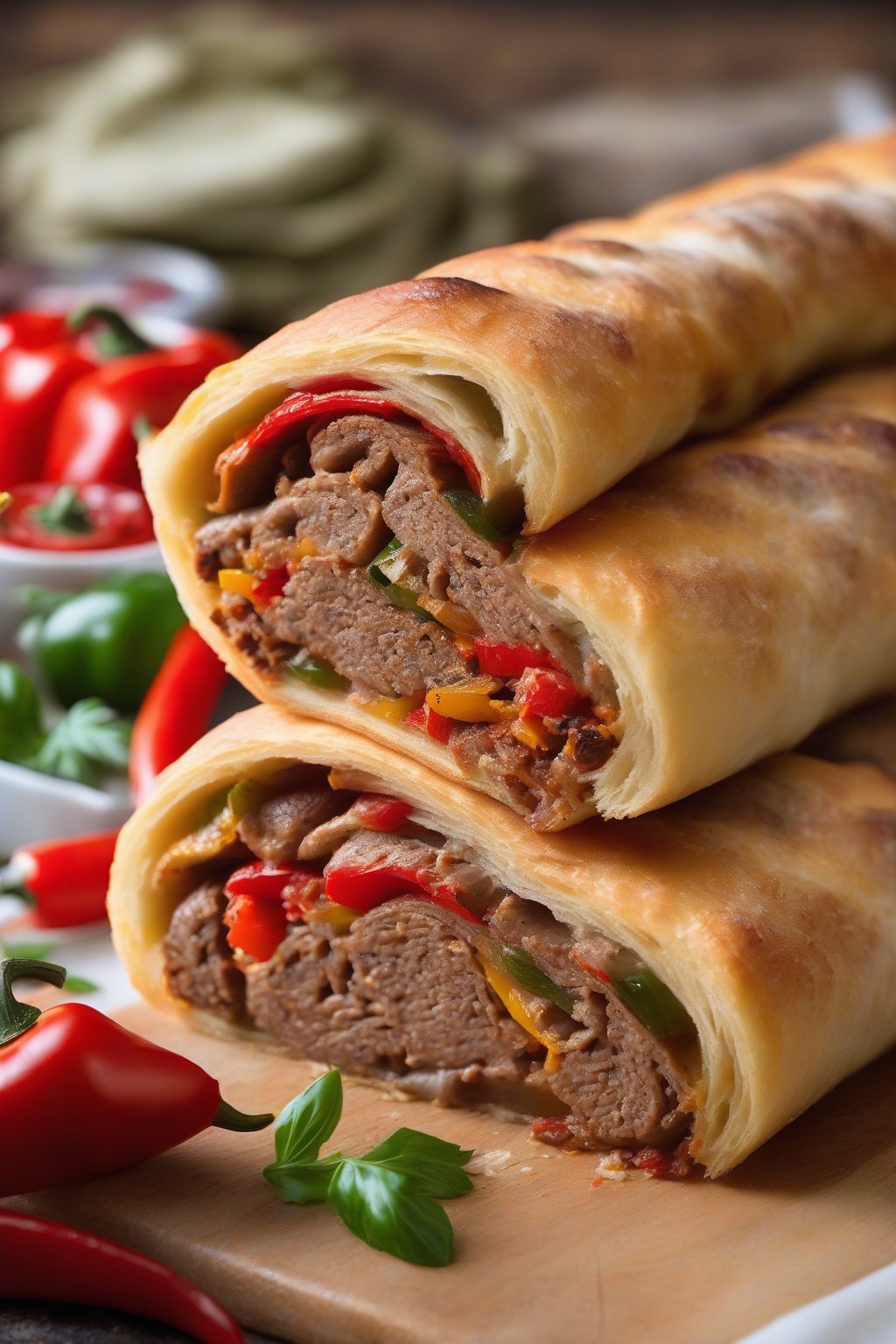 A high-resolution photo of Italian sausage and peppers rolled stromboli cross-cut, showing juicy sausage and red peppers, under soft lighting.