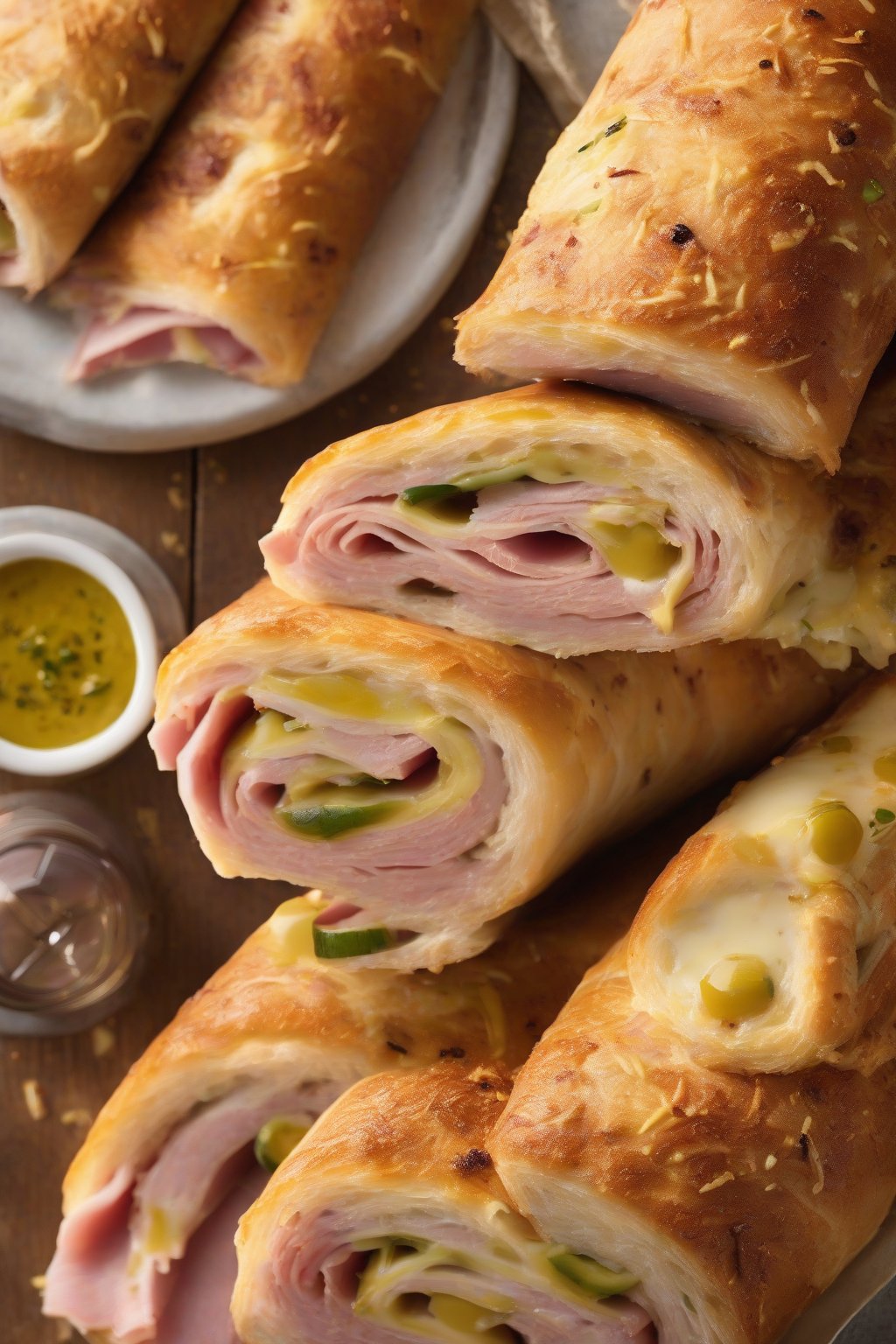 A high-resolution photo of ham and Swiss rolled stromboli slices with mustard glaze and pickle flecks, golden and inviting, under soft lighting.