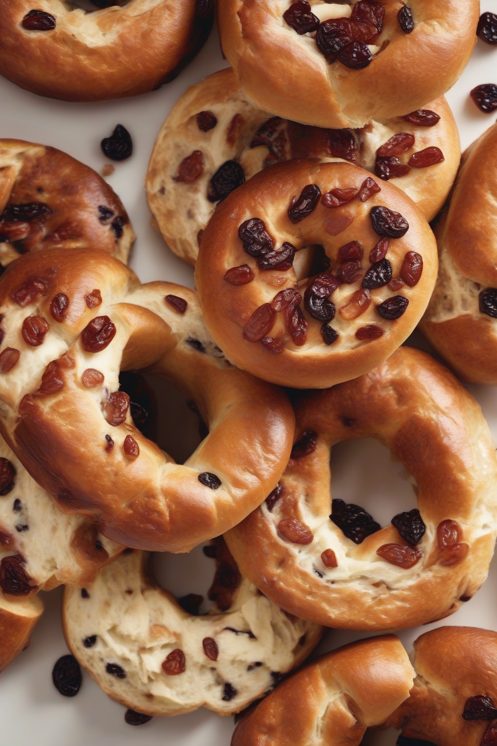 A high-resolution photo of sliced cinnamon raisin bagels revealing fruity interior under soft lighting.
