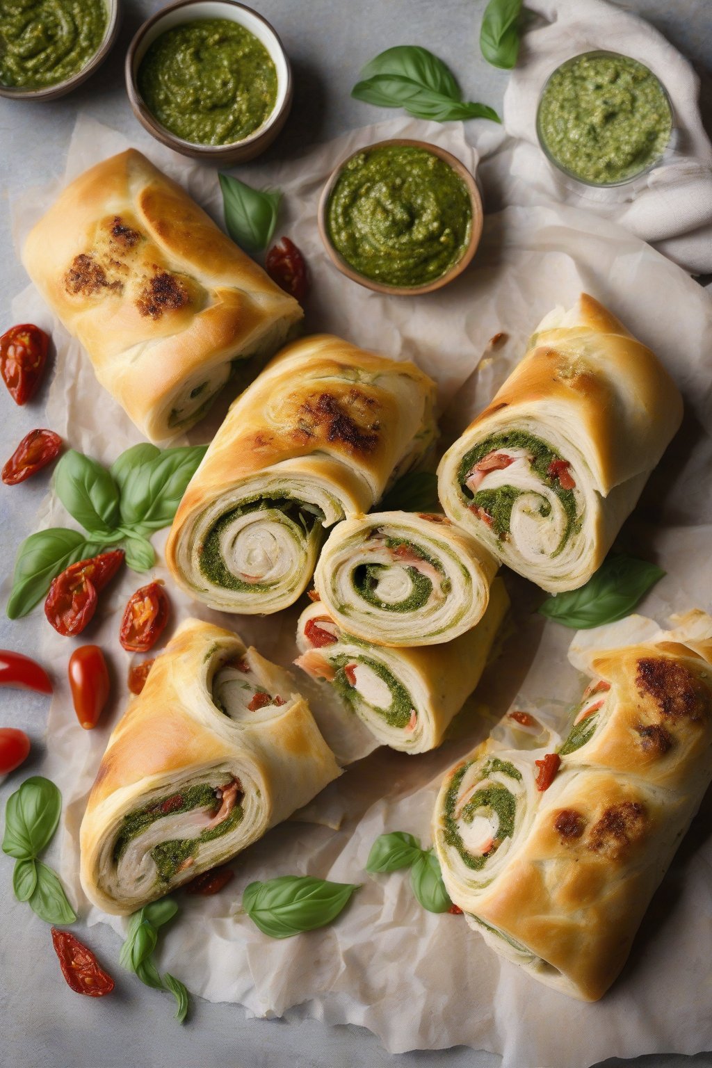 A high-resolution photo of pesto chicken rolled stromboli with green pesto swirls and sun-dried tomatoes in the slices, under soft lighting.