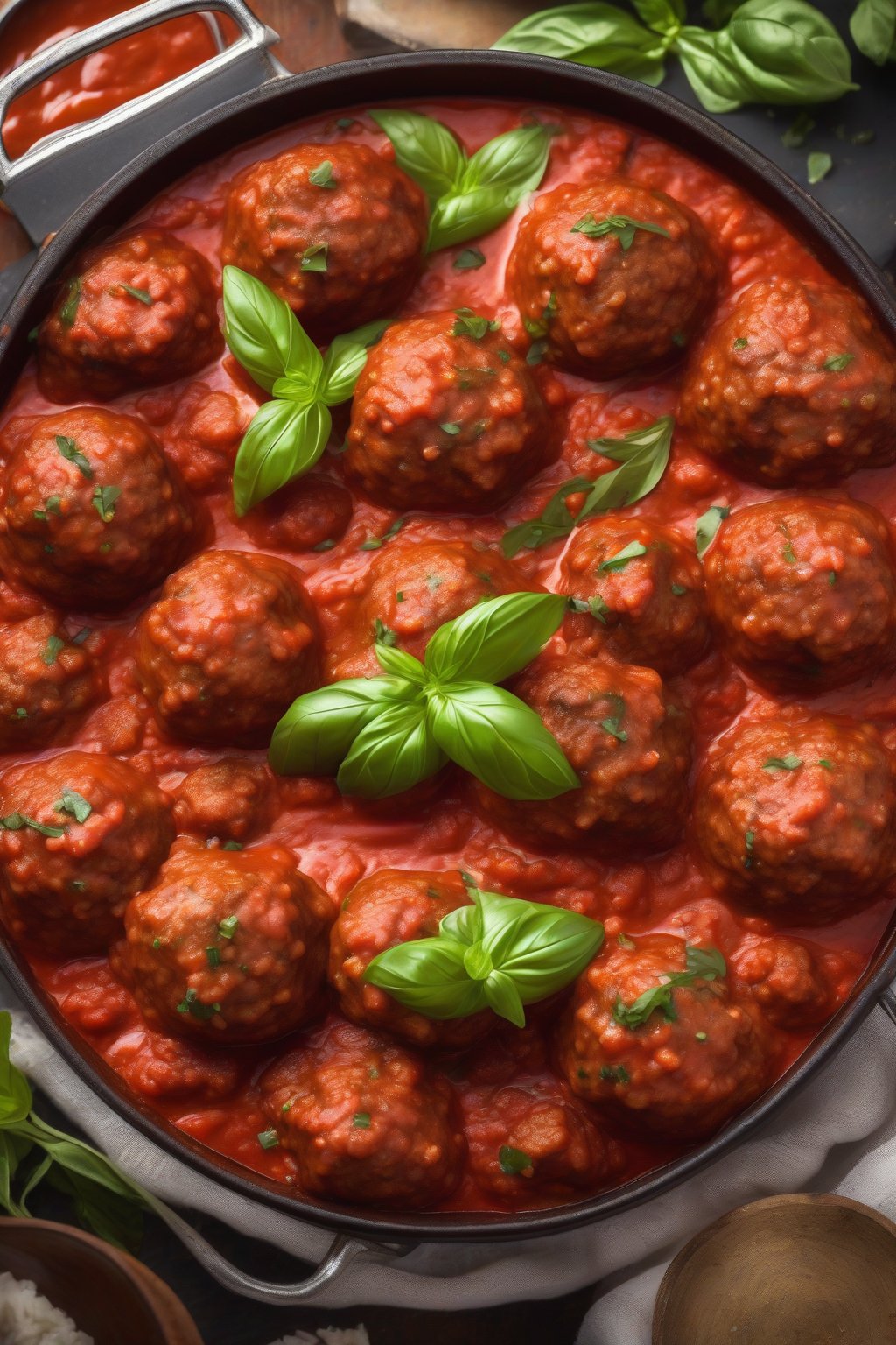 A high-resolution photo of golden-brown Italian meatballs nestled in vibrant red marinara sauce, garnished with fresh basil, under soft lighting.