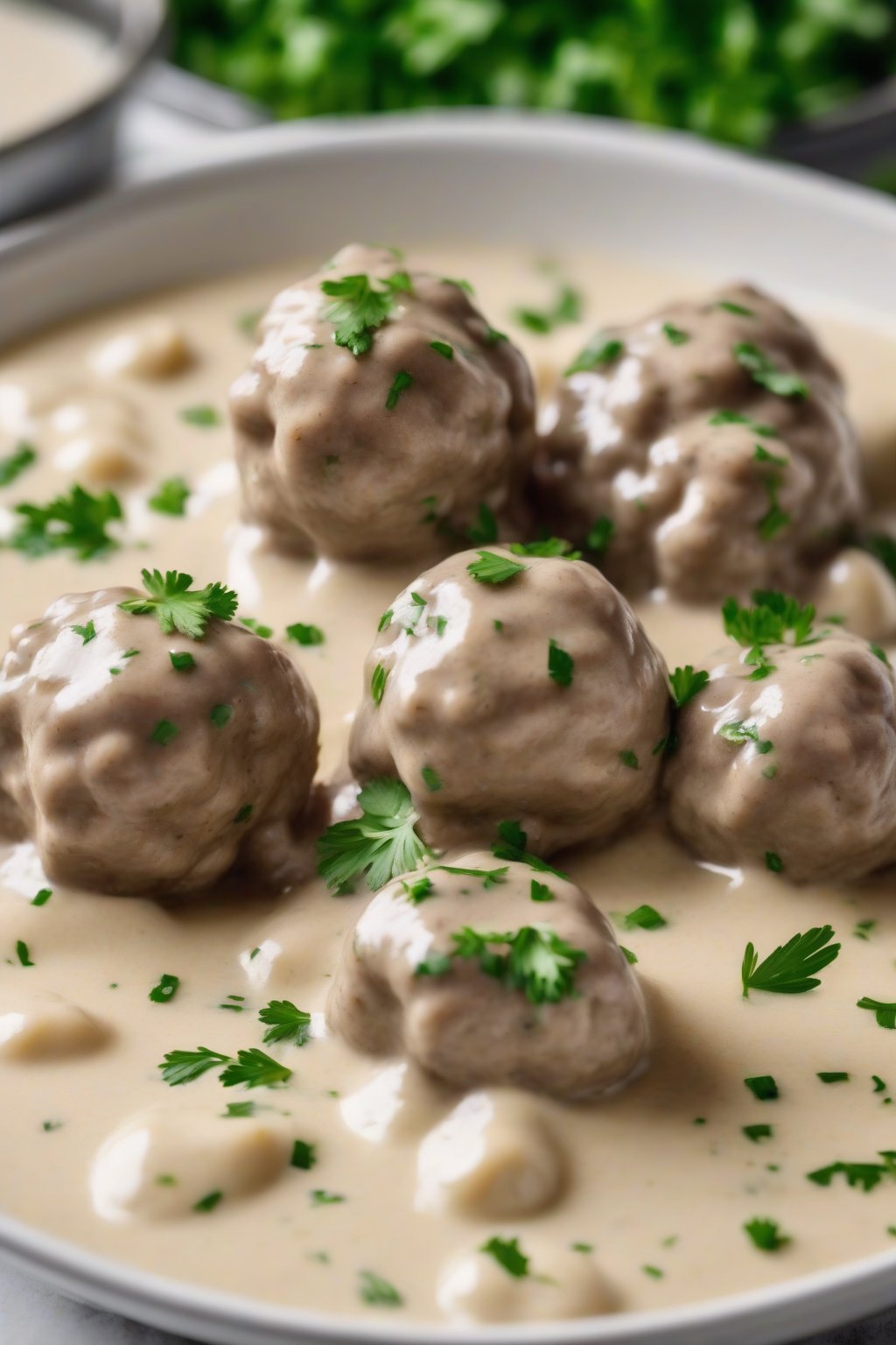 A close-up photo of tender Swedish meatballs smothered in velvety white gravy, sprinkled with parsley, under soft lighting.