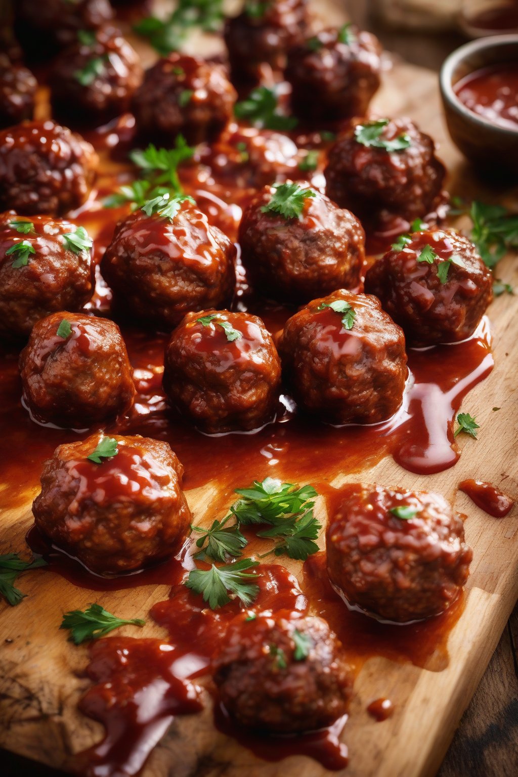 A high-resolution photo of glistening smoky BBQ meatballs on a wooden board, with sauce dripping, under soft lighting.