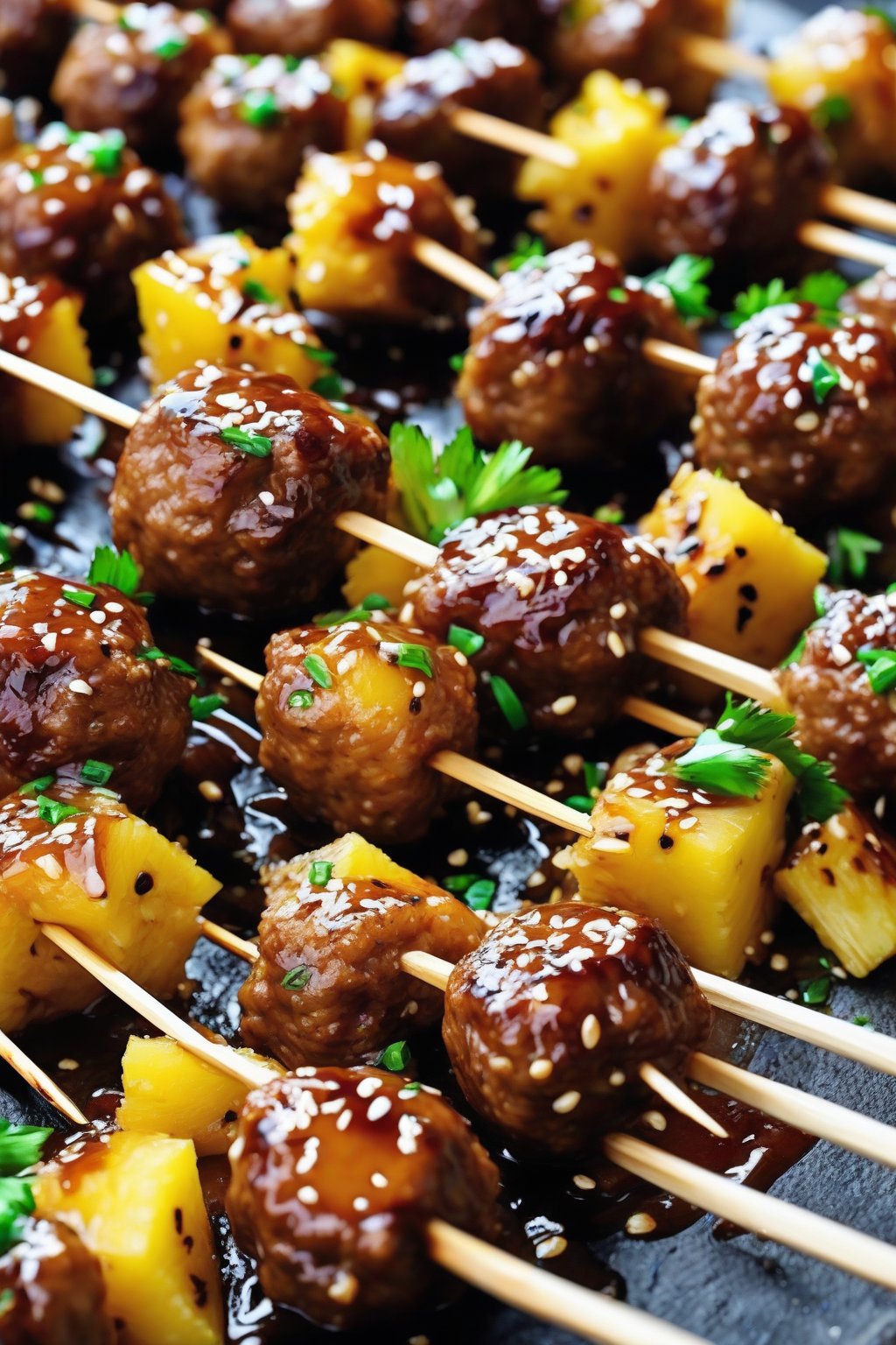 A close-up photo of glossy teriyaki meatballs skewered with pineapple chunks, sesame seeds on top, under soft lighting.