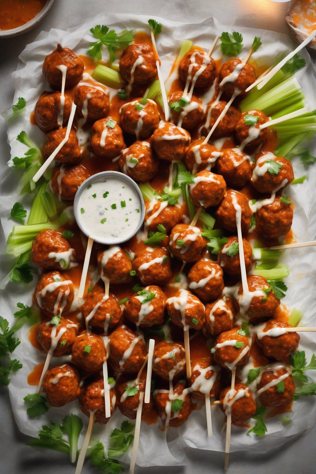 A high-resolution photo of fiery orange buffalo meatballs with ranch drizzle and celery sticks, under soft lighting.