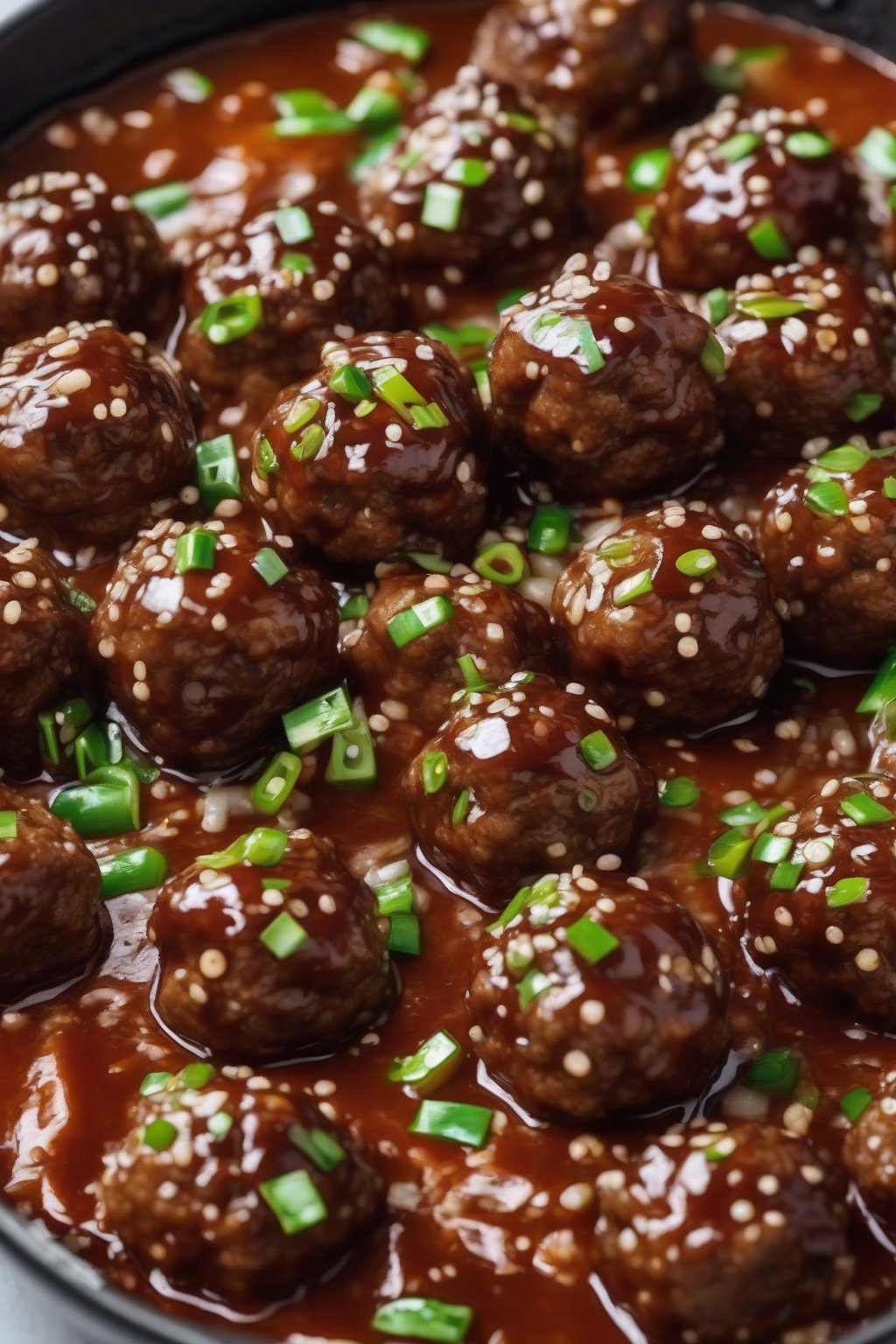 A close-up photo of caramelized honey garlic meatballs in a glossy sauce, garnished with sesame and scallions, under soft lighting.