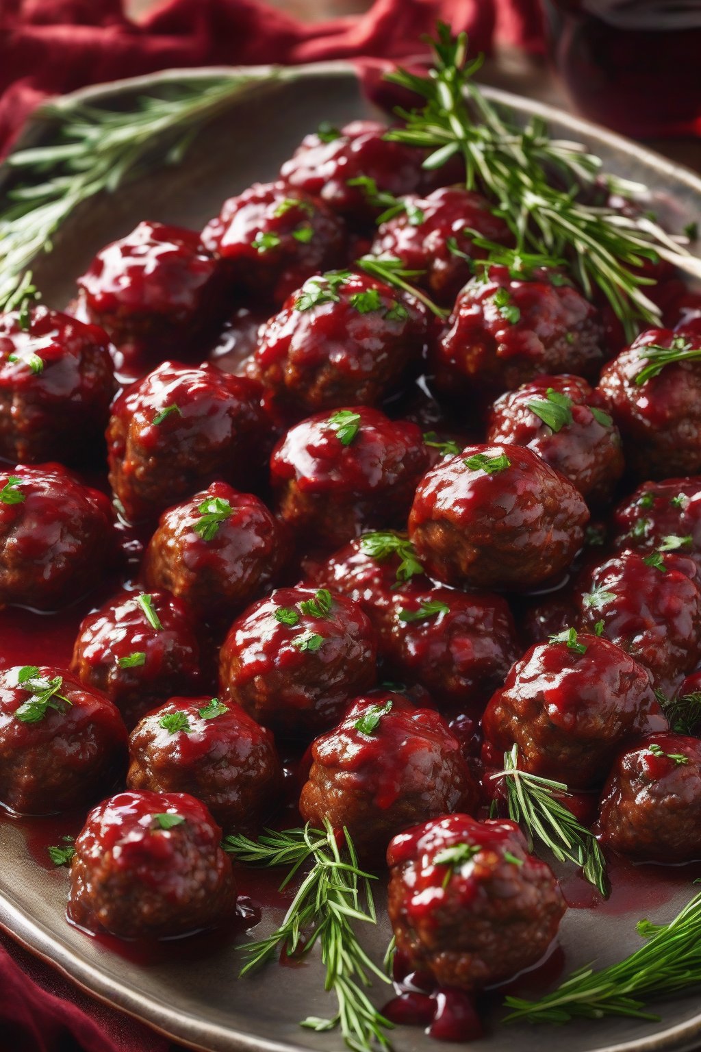 A high-resolution photo of ruby-red cranberry-glazed meatballs on a platter, with fresh herbs, under soft lighting.