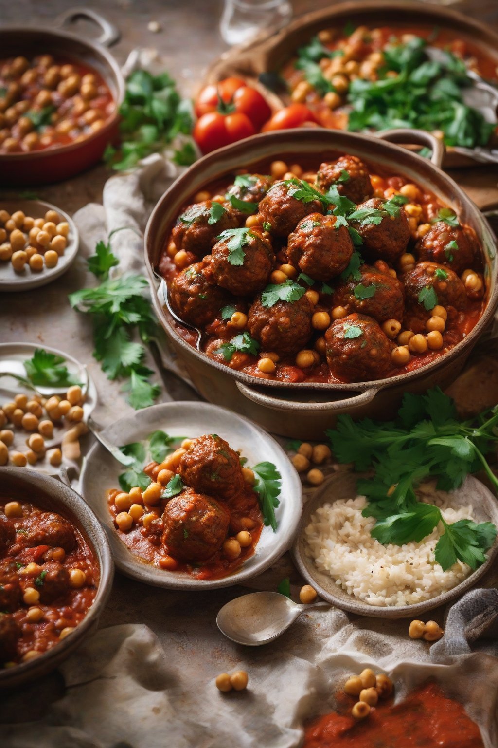 A close-up photo of spiced Moroccan meatballs in chunky tomato-harissa sauce with chickpeas, under soft lighting.