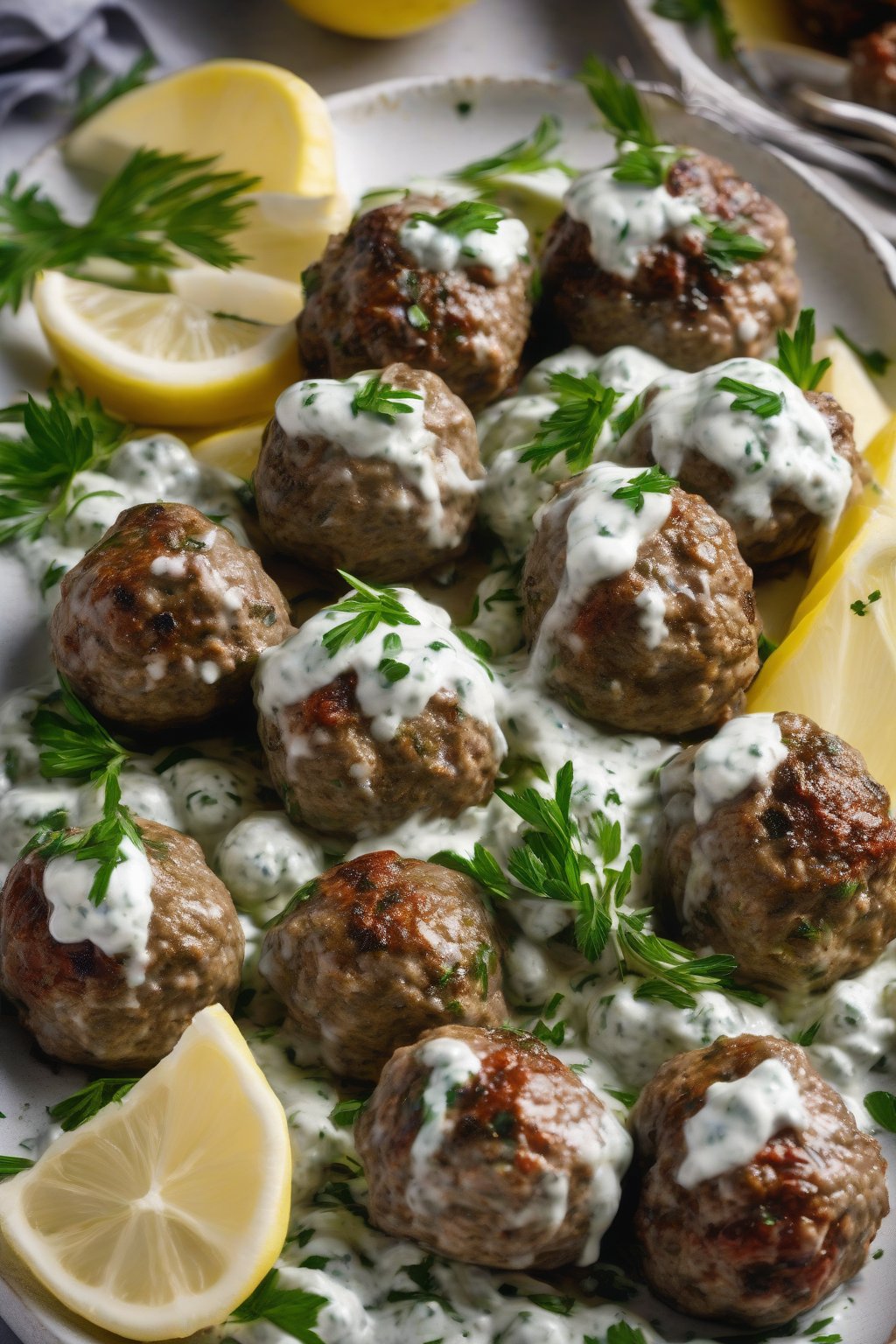 A high-resolution photo of herb-flecked Greek meatballs drizzled with creamy tzatziki, lemon wedges nearby, under soft lighting.