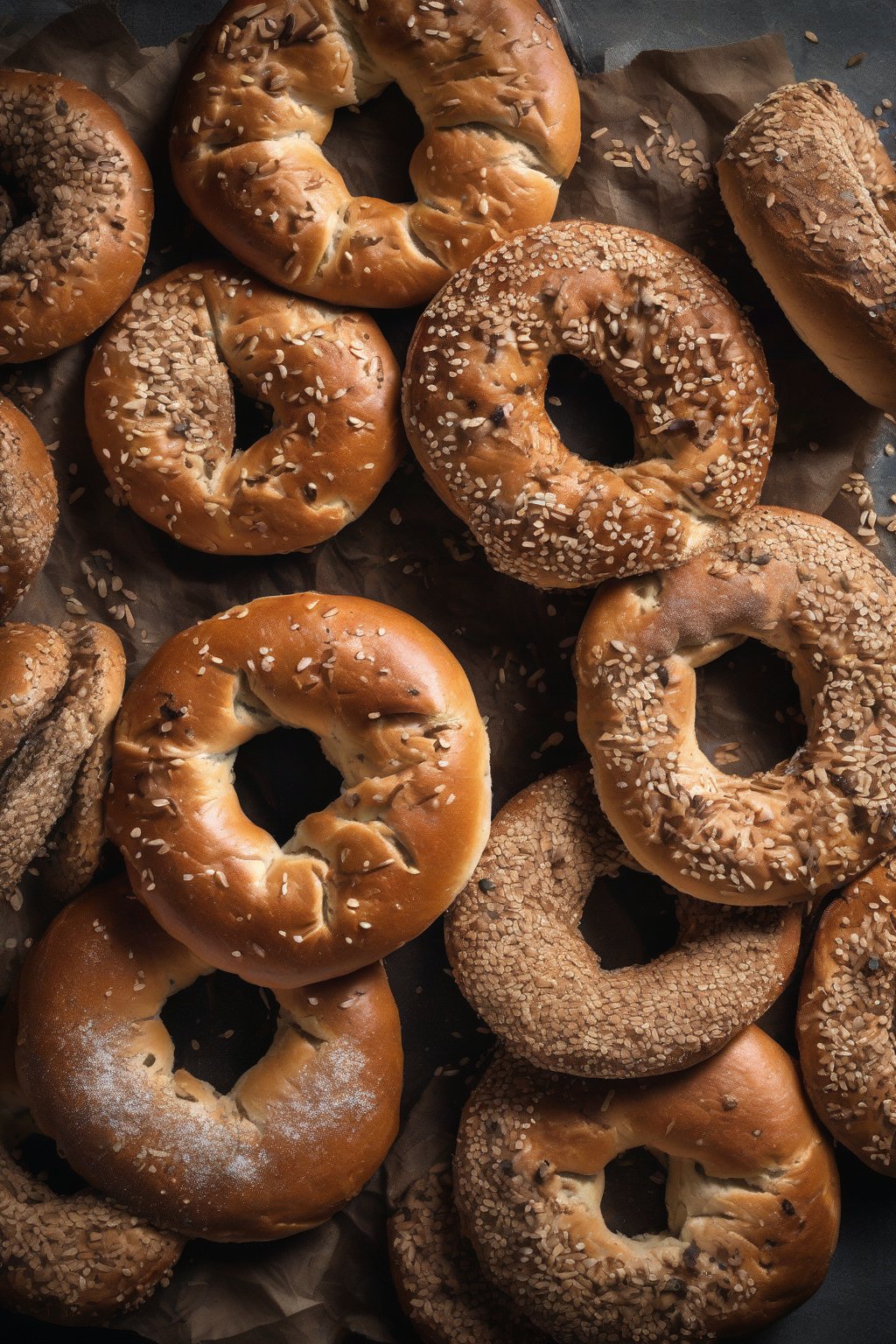 A high-resolution photo of rustic whole wheat bagels with a matte, hearty crust under soft lighting.