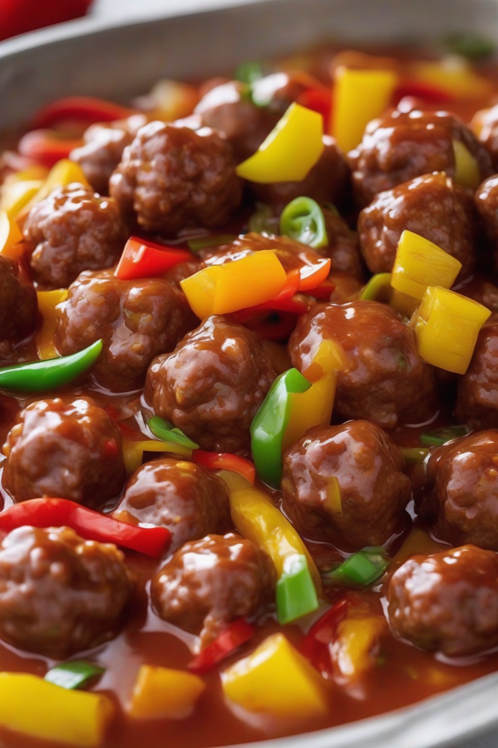 A close-up photo of colorful sweet and sour meatballs with pineapple chunks and peppers in glossy sauce, under soft lighting.