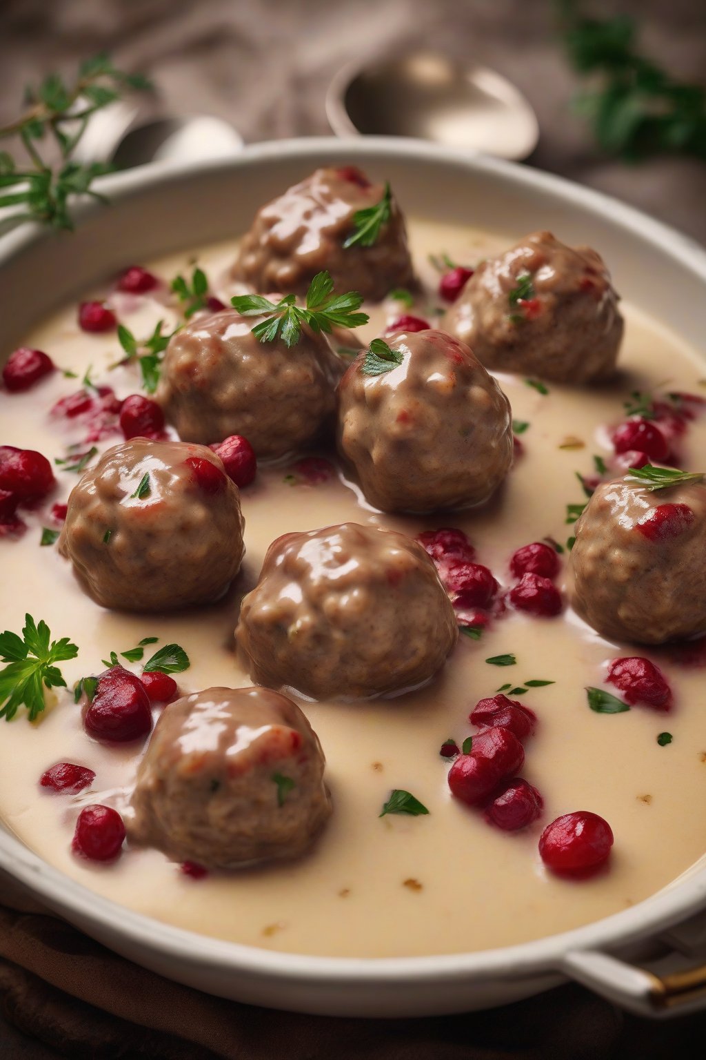 A high-resolution photo of golden-brown classic Swedish meatballs in creamy gravy, garnished with lingonberries, under soft lighting.