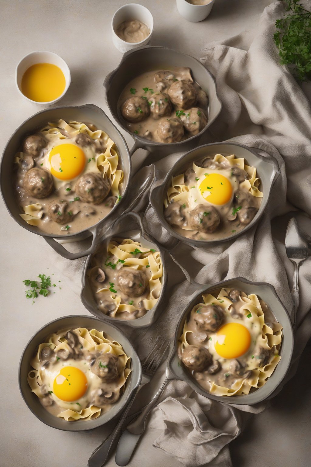 A high-resolution photo of Swedish meatballs smothered in creamy mushroom gravy over egg noodles, under soft lighting.