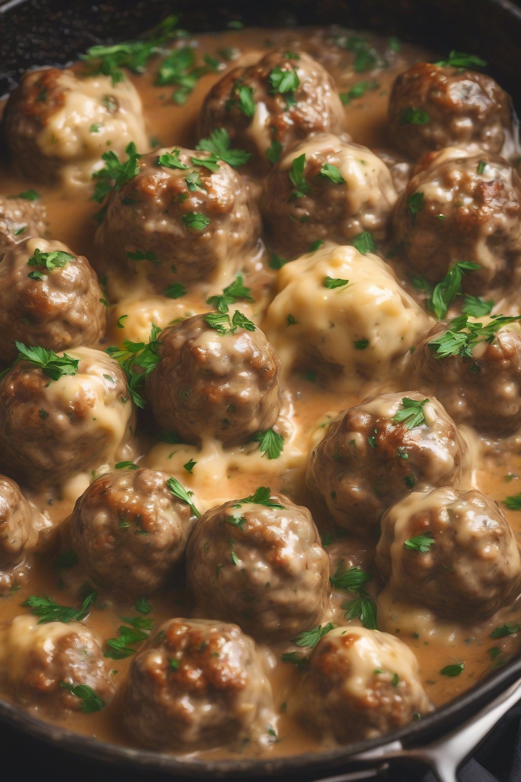 A high-resolution photo of gooey cheesy garlic Swedish meatballs in a bubbling sauce, sprinkled with herbs, under soft lighting.