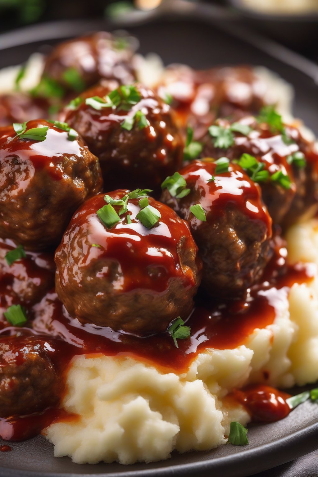 A high-resolution photo of spicy Swedish meatballs glistening with chili glaze, served on mashed potatoes, under soft lighting.