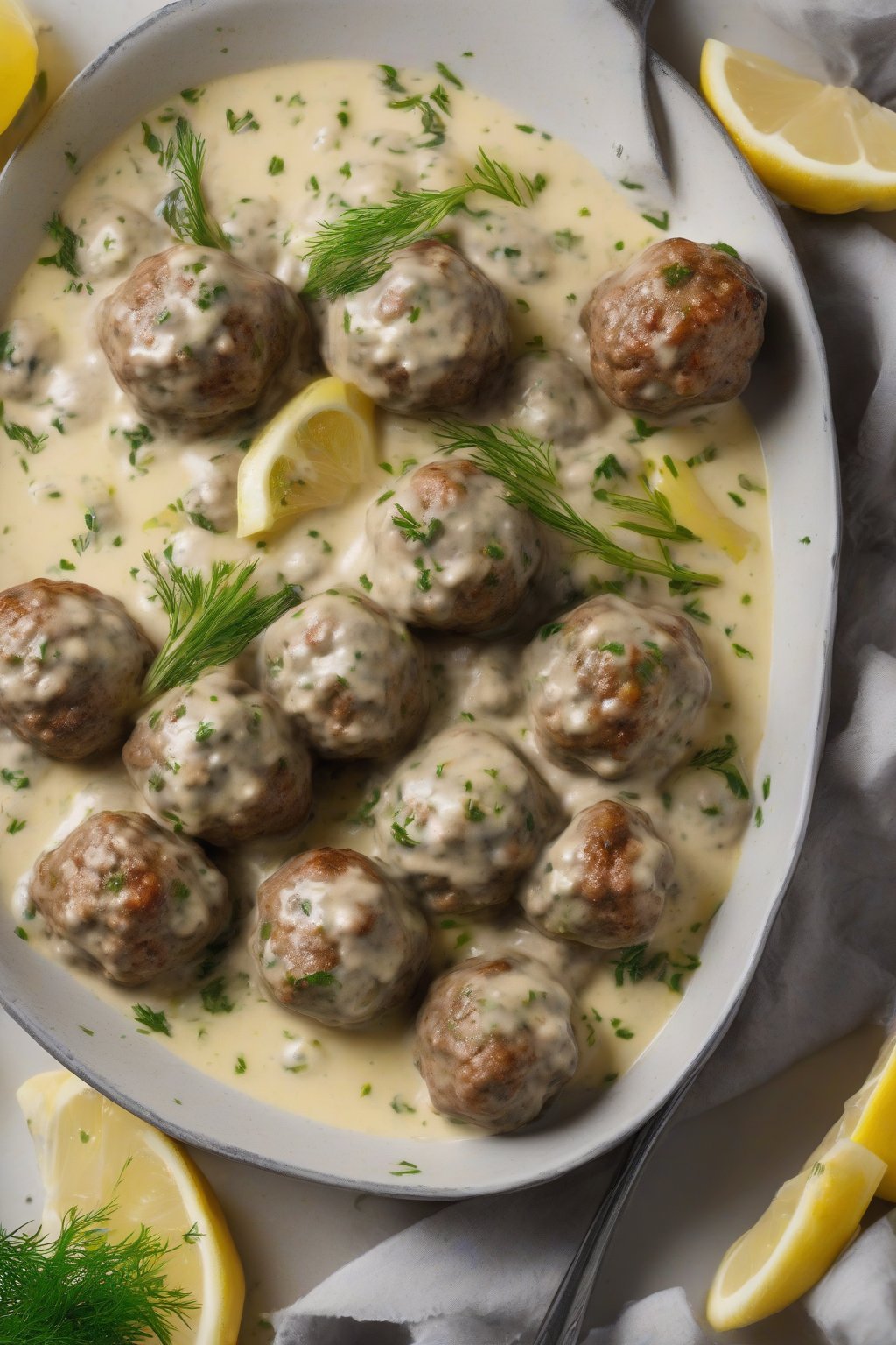 A high-resolution photo of bright dill-flecked Swedish meatballs in lemony cream sauce with lemon wedges, under soft lighting.