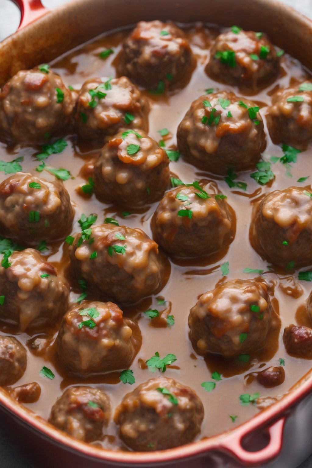 A high-resolution photo of bacon-studded Swedish meatballs in rich onion gravy, under soft lighting.