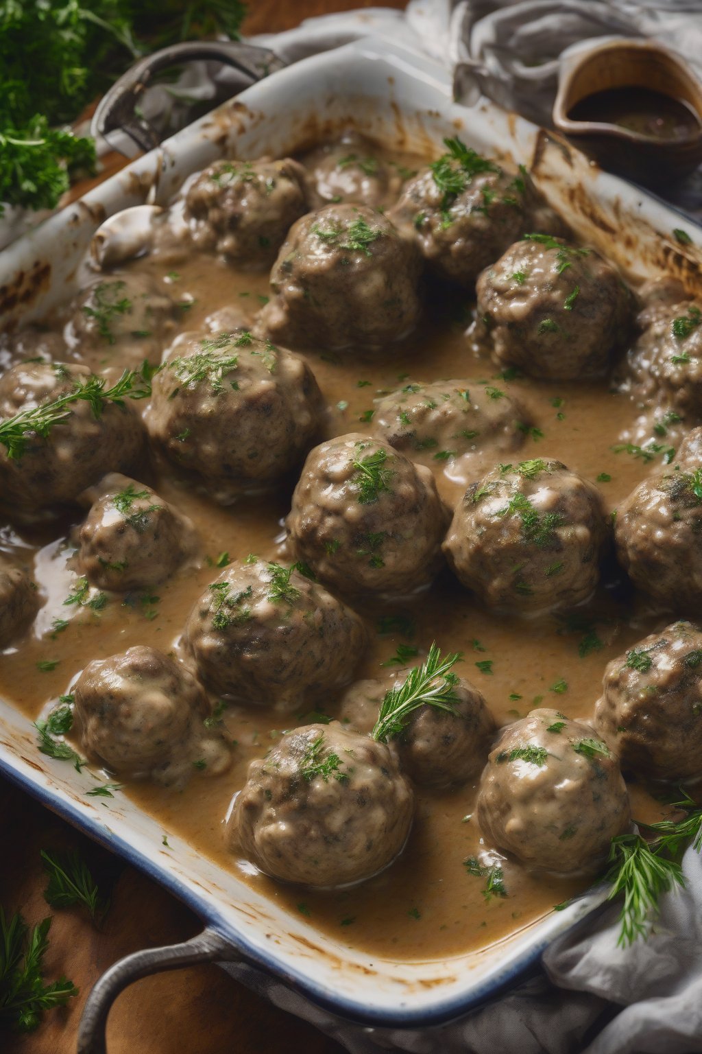 A high-resolution photo of herb-crusted Swedish meatballs in herb-flecked gravy, under soft lighting.