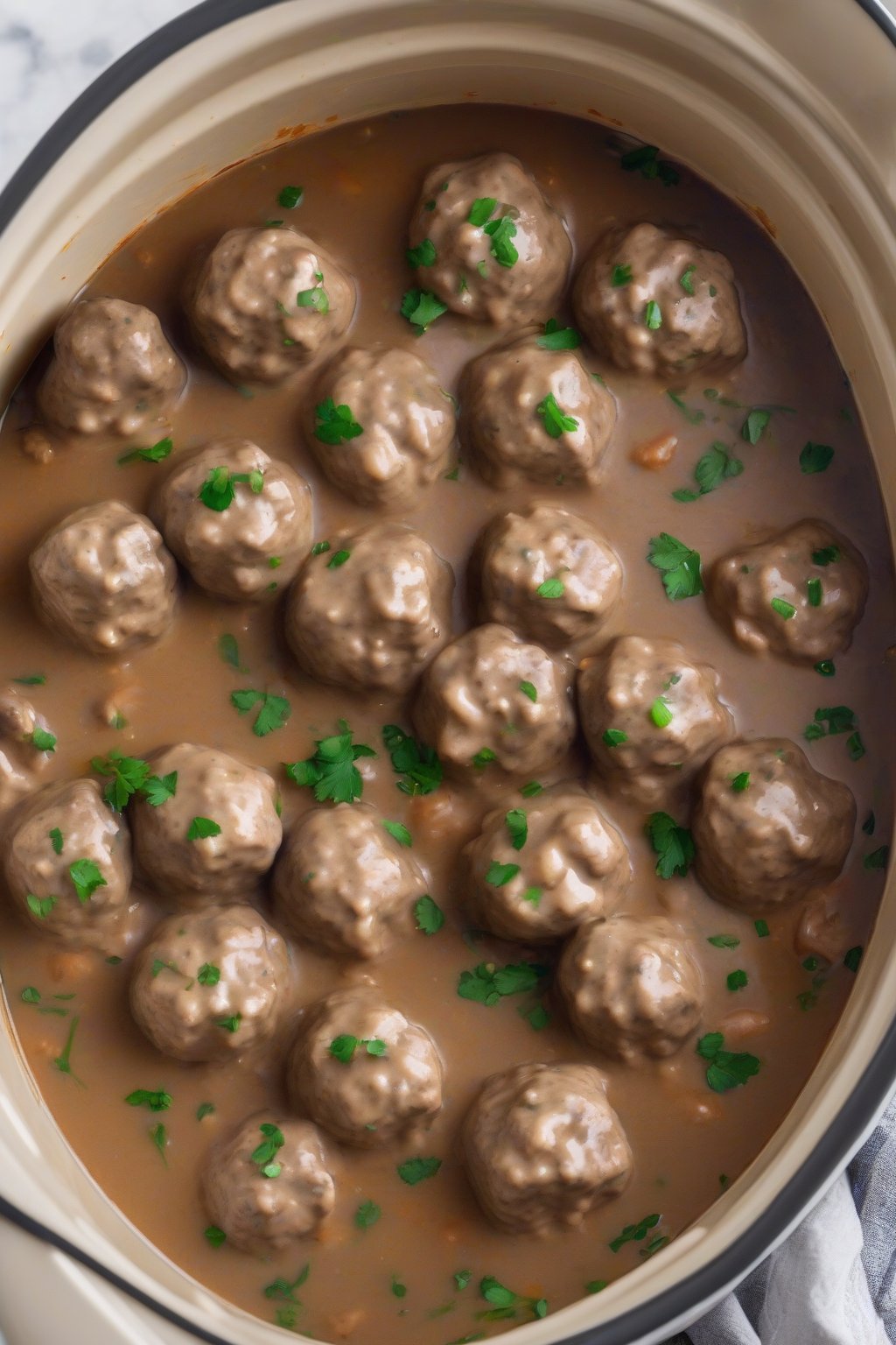 A high-resolution photo of tender slow cooker Swedish meatballs in thick gravy, ready to serve, under soft lighting.
