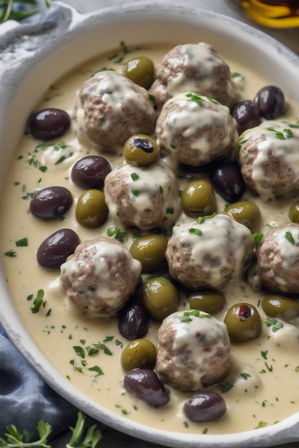 A high-resolution photo of feta-laced Mediterranean Swedish meatballs in yogurt sauce with olives, under soft lighting.