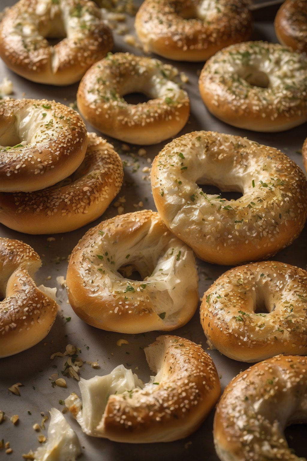 A high-resolution photo of garlic bagels with golden flecks and aromatic steam under soft lighting.
