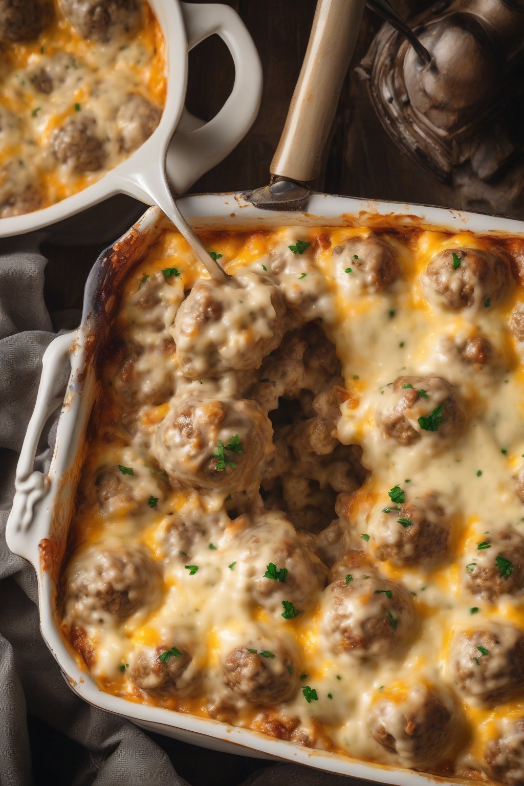 A high-resolution photo of bubbly Swedish meatball casserole with golden cheese top, under soft lighting.