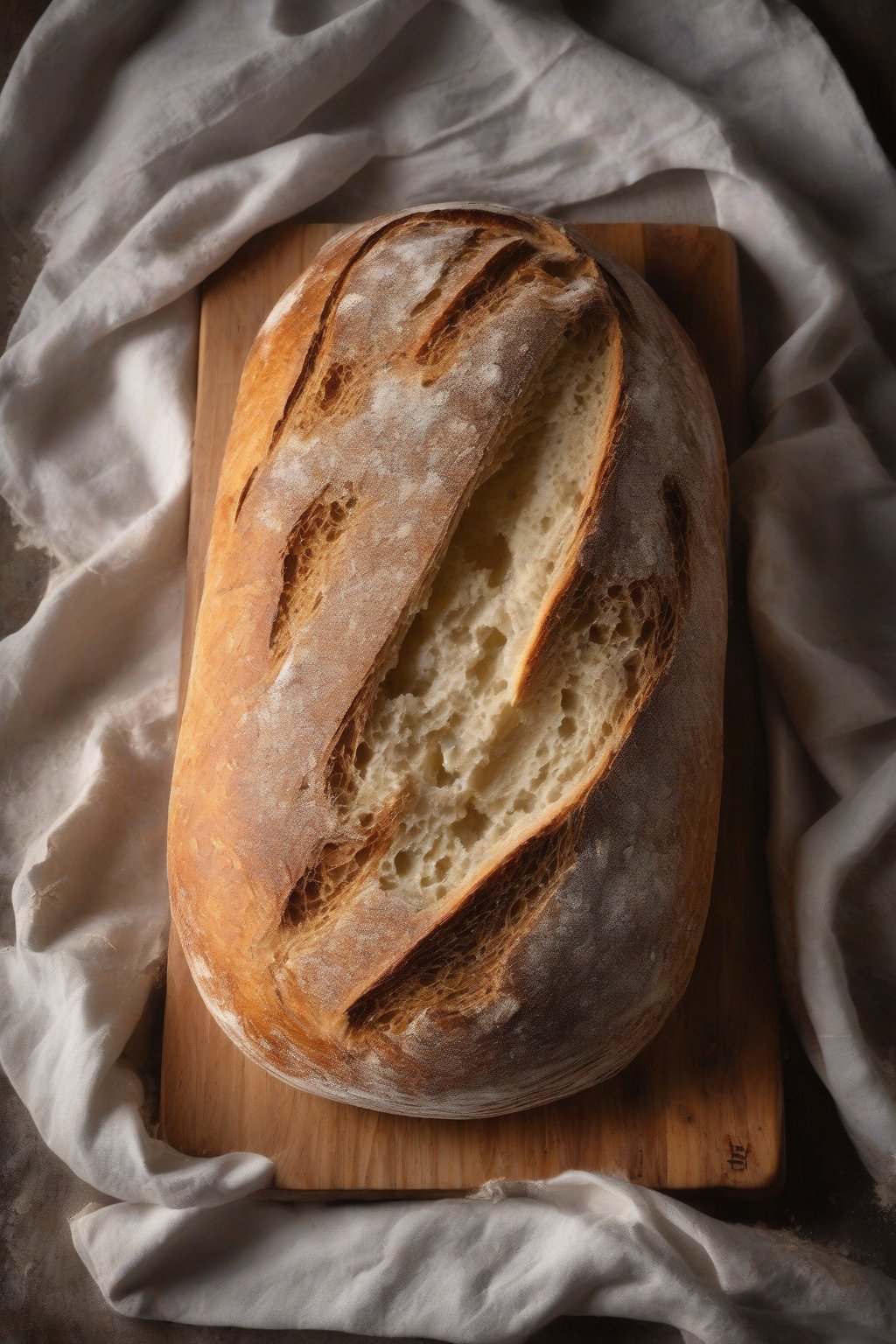 A high-resolution photo of a classic rustic sourdough loaf with a dusty flour crust and open crumb, sliced open on a wooden board under soft lighting.