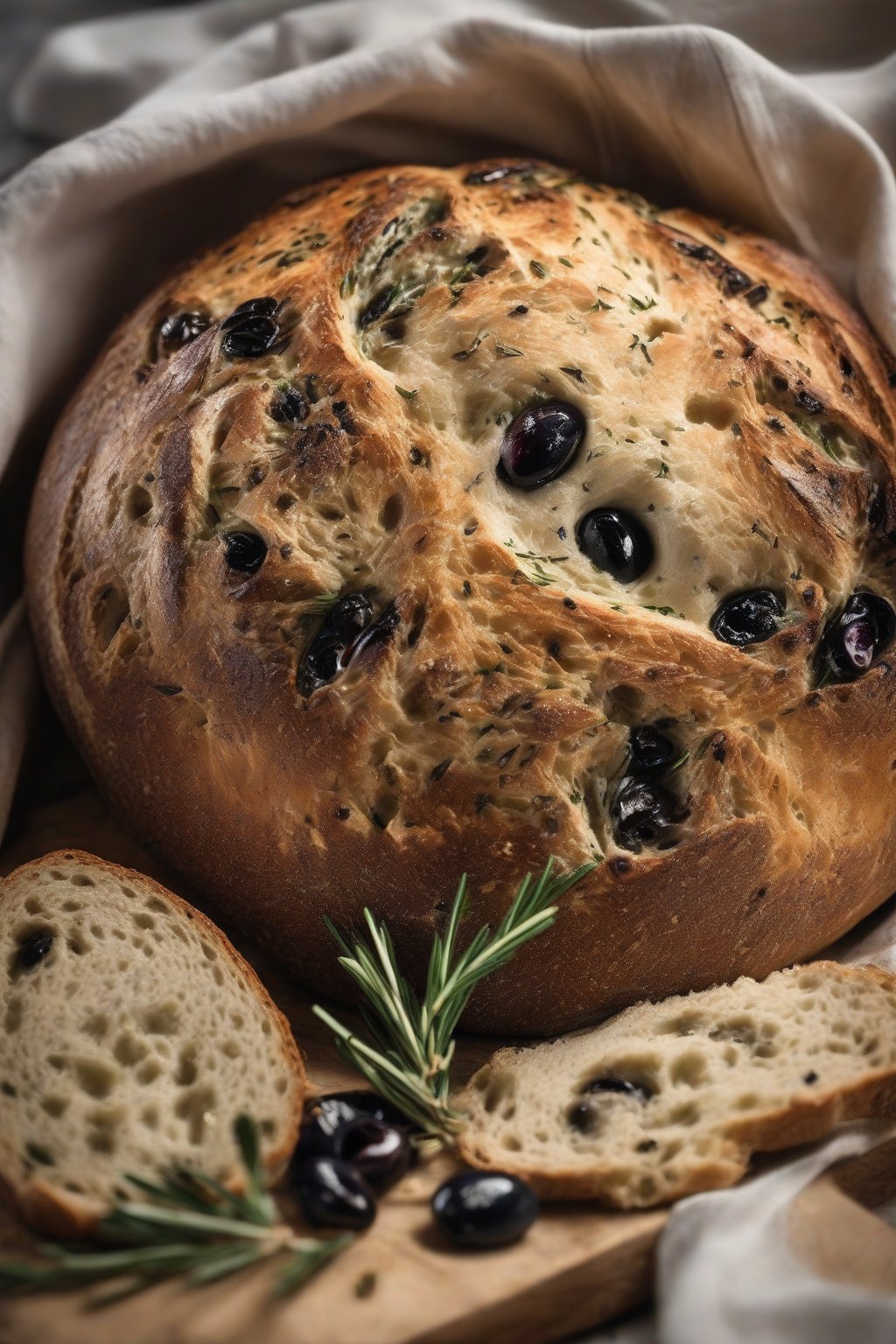 A high-resolution photo of an olive and rosemary sourdough boule, studded with dark olives and green flecks, steam rising from a fresh cut under soft lighting.