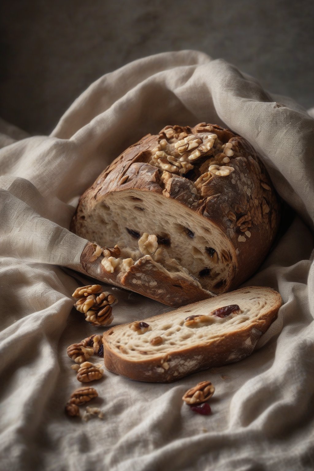 A high-resolution photo of walnut and raisin sourdough, cracked open to show embedded nuts and fruits amid airy crumb, on rustic linen under soft lighting.