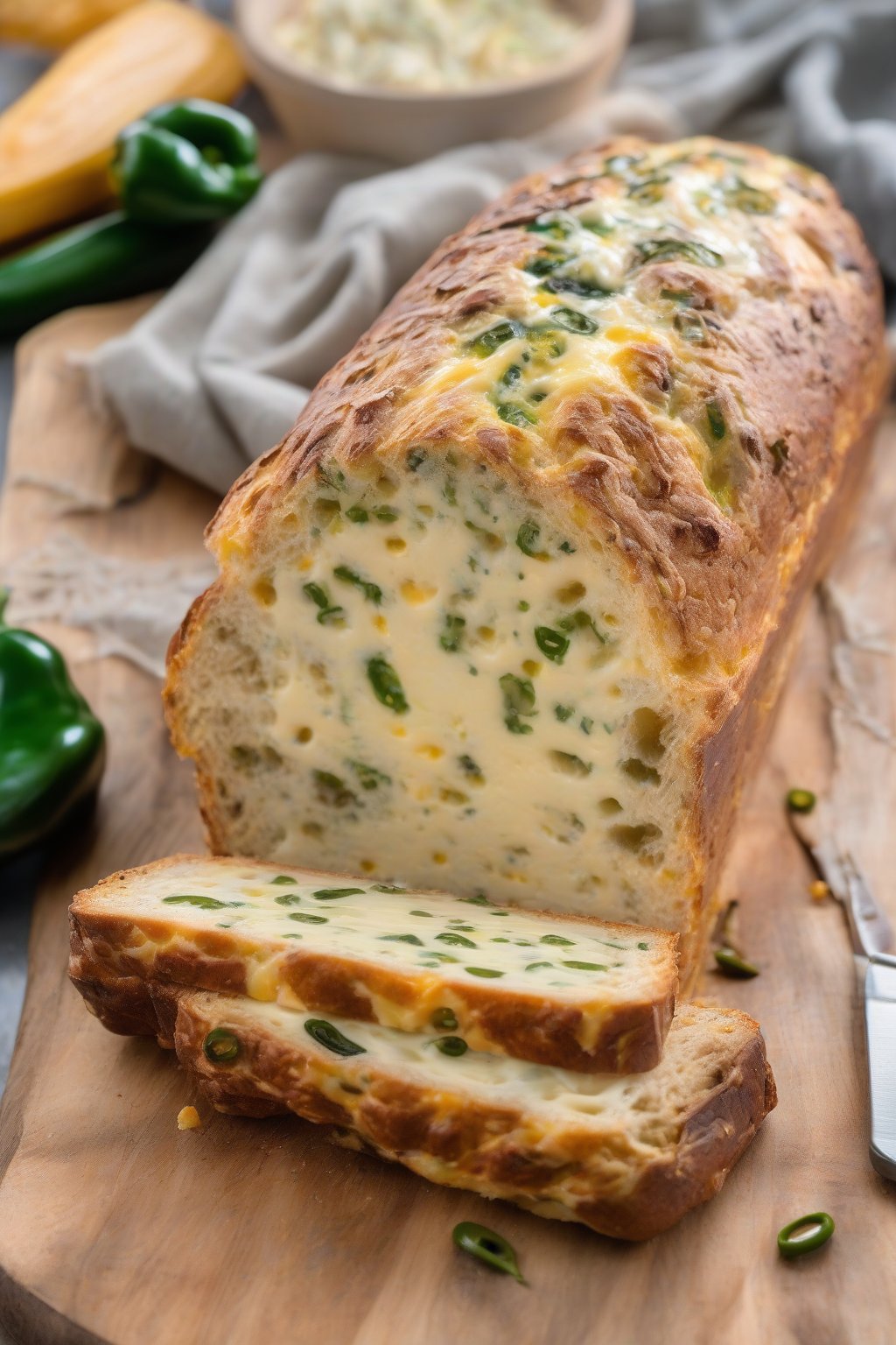 A high-resolution photo of cheddar jalapeño sourdough loaf, oozing melted cheese with green specks, fresh from the oven under soft lighting.
