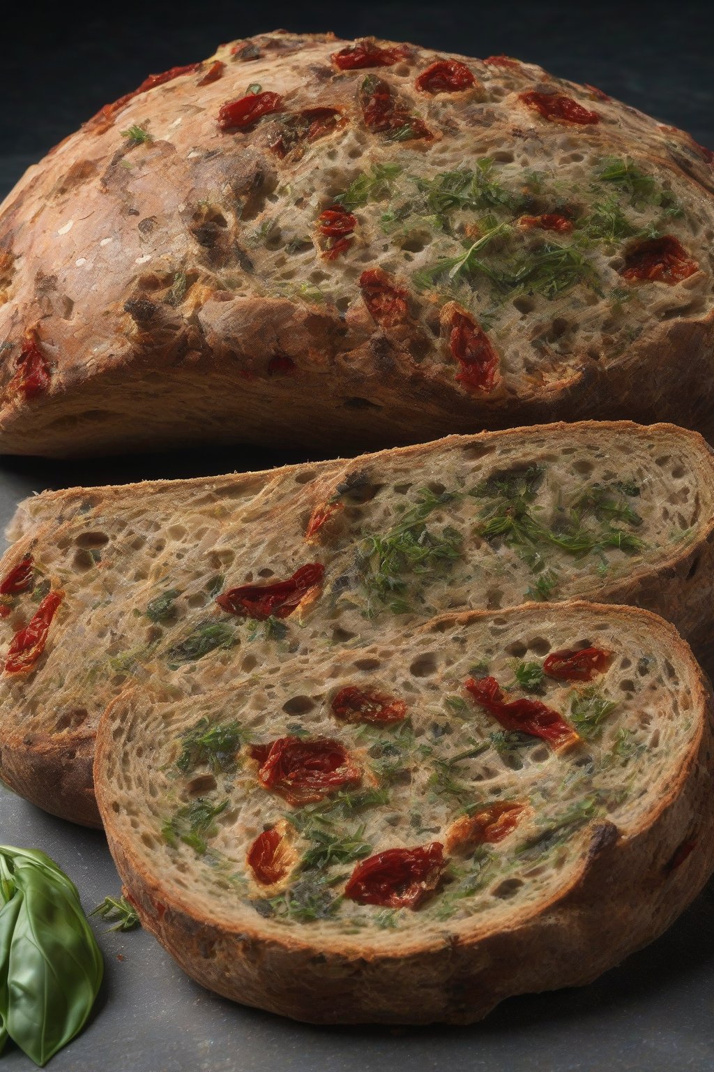 A high-resolution photo of sun-dried tomato and basil sourdough, red flecks and green herbs visible in the scored crust, on a stone surface under soft lighting.