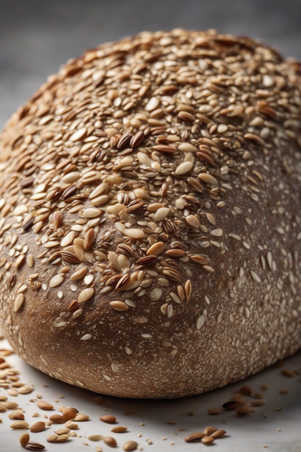 A high-resolution photo of seeded multigrain sourdough, topped with glossy seeds and deep slashes, beside scattered seeds under soft lighting.