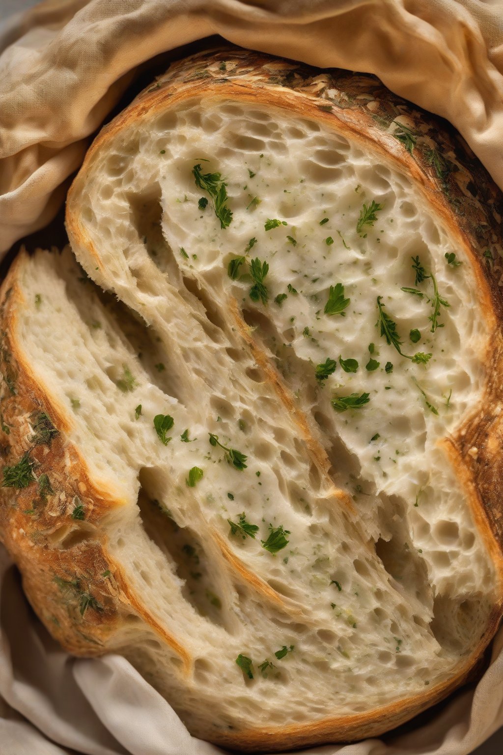 A high-resolution photo of garlic and herb sourdough, golden with herb specks and a soft interior reveal, steam wafting under soft lighting.