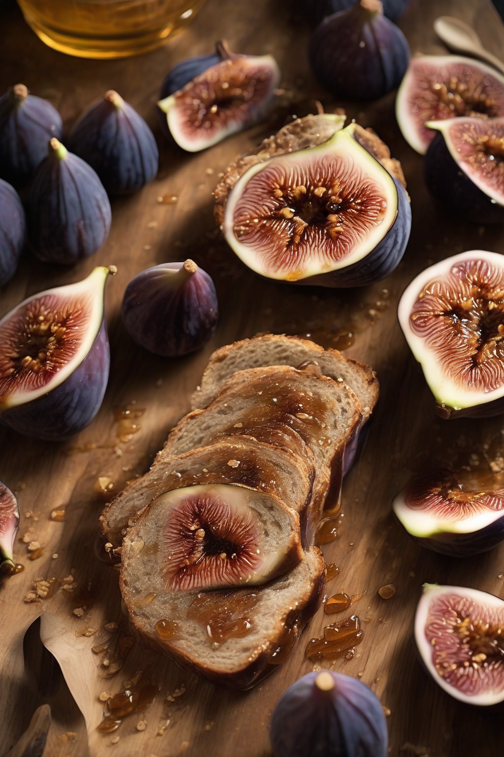 A high-resolution photo of fig and honey sourdough, sliced to show moist figs in honey-glazed crumb, on wooden backdrop under soft lighting.