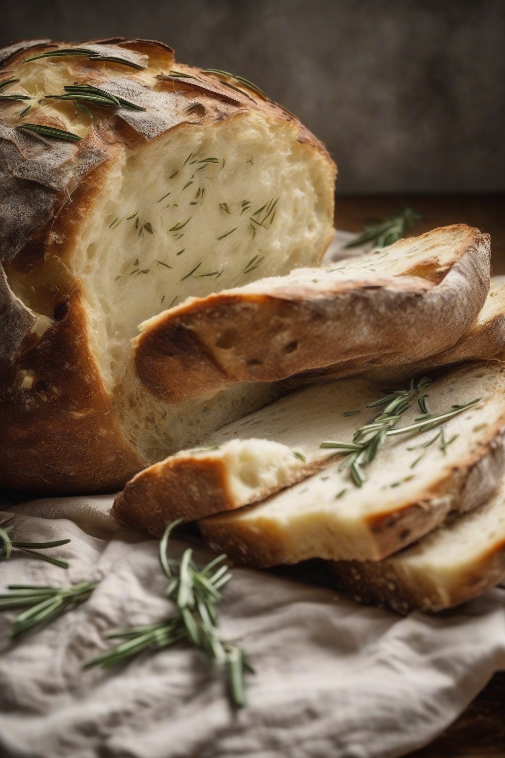 A high-resolution photo of potato rosemary sourdough, fluffy interior with rosemary flecks, rustic scoring on top under soft lighting.