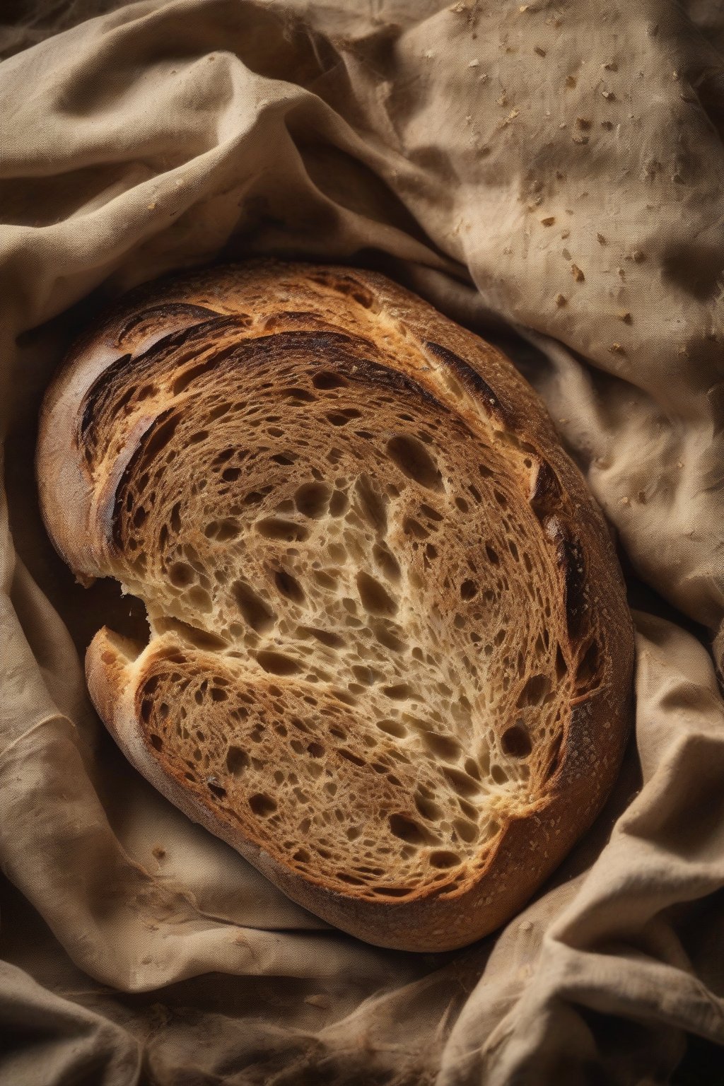 A high-resolution photo of spelt and honey rustic sourdough, earthy tones with shiny crust and seeded top, fresh-baked under soft lighting.